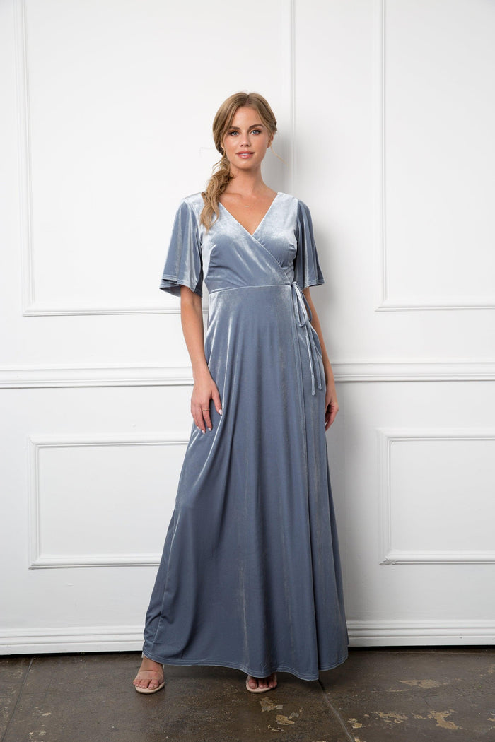 Mother of the Bride Long Flutter Sleeve Velvet Gown