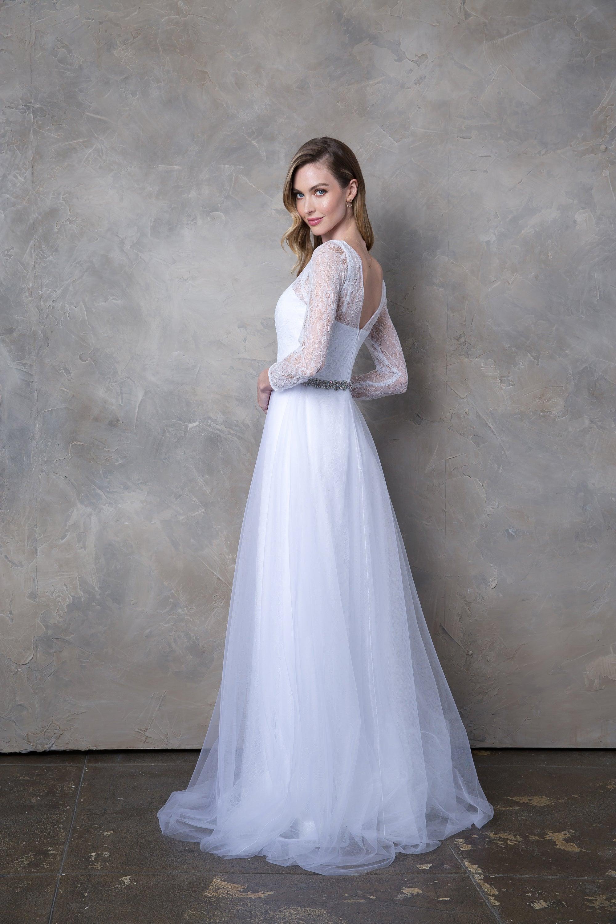 Reception Vintage 1940s / 1950s Little White Dresses Wedding Dresses A-Line  Illusion Neck 3/4 Lengt… | Lace bridal gown, Online wedding dress, Jeweled wedding  dress