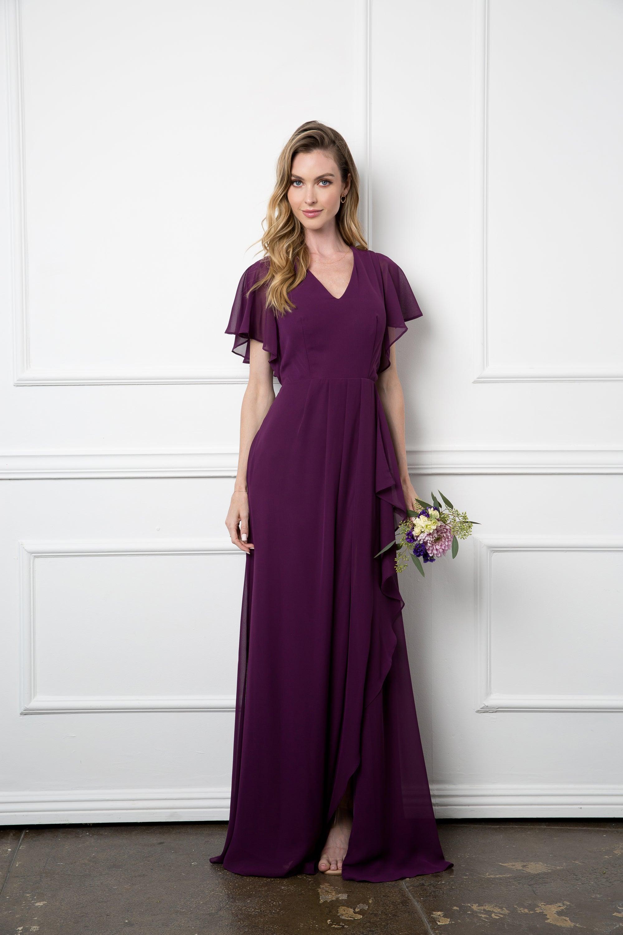 Burgundy Long Formal Ruffle Sleeve Chiffon Evening Dress for 135.99 The Dress Outlet