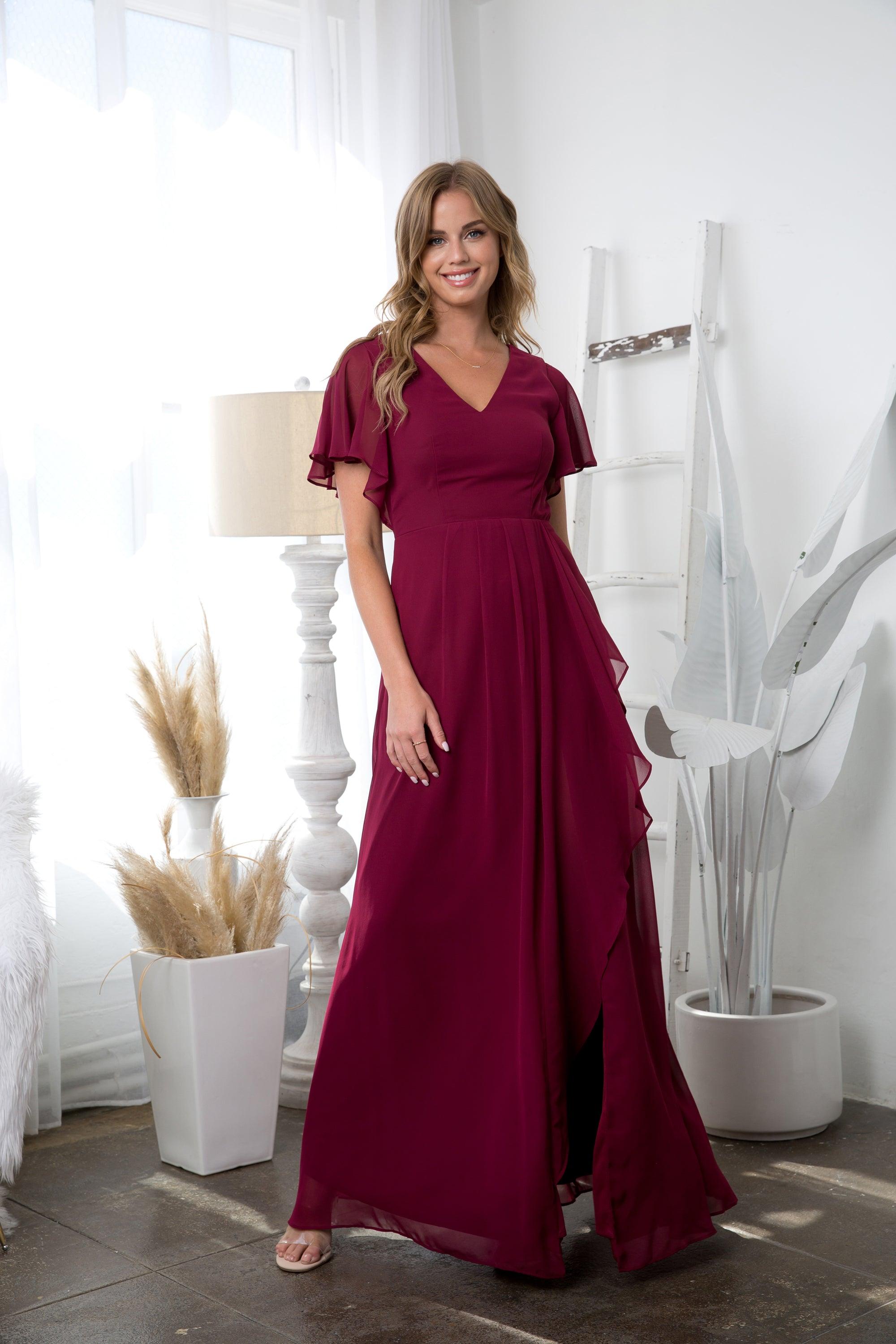 Black Long Formal Ruffle Sleeve Chiffon Evening Dress
