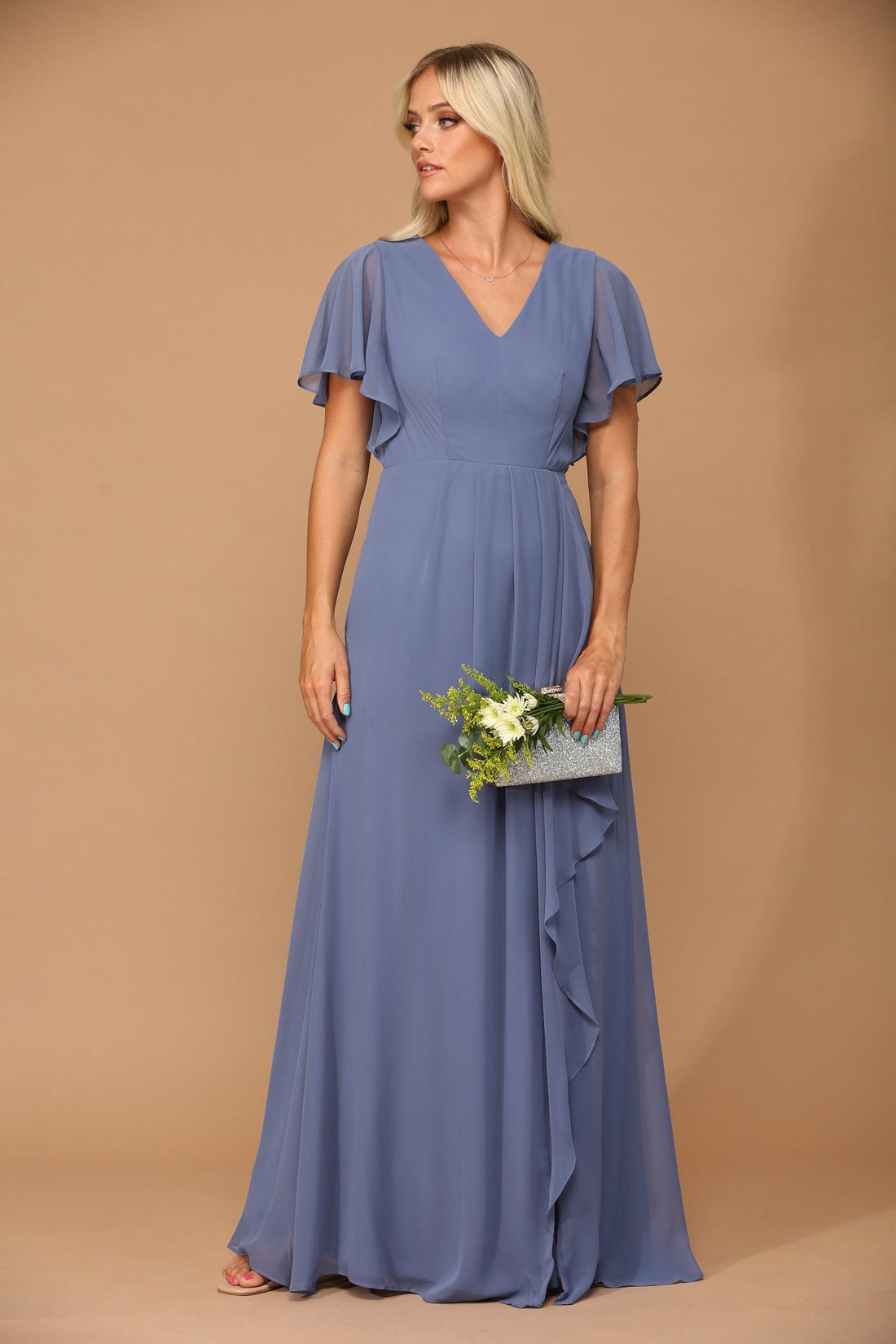 Chiffon Bateau Neck Formal Dress with Dramatic Back Drape Slate Blue main image 1
