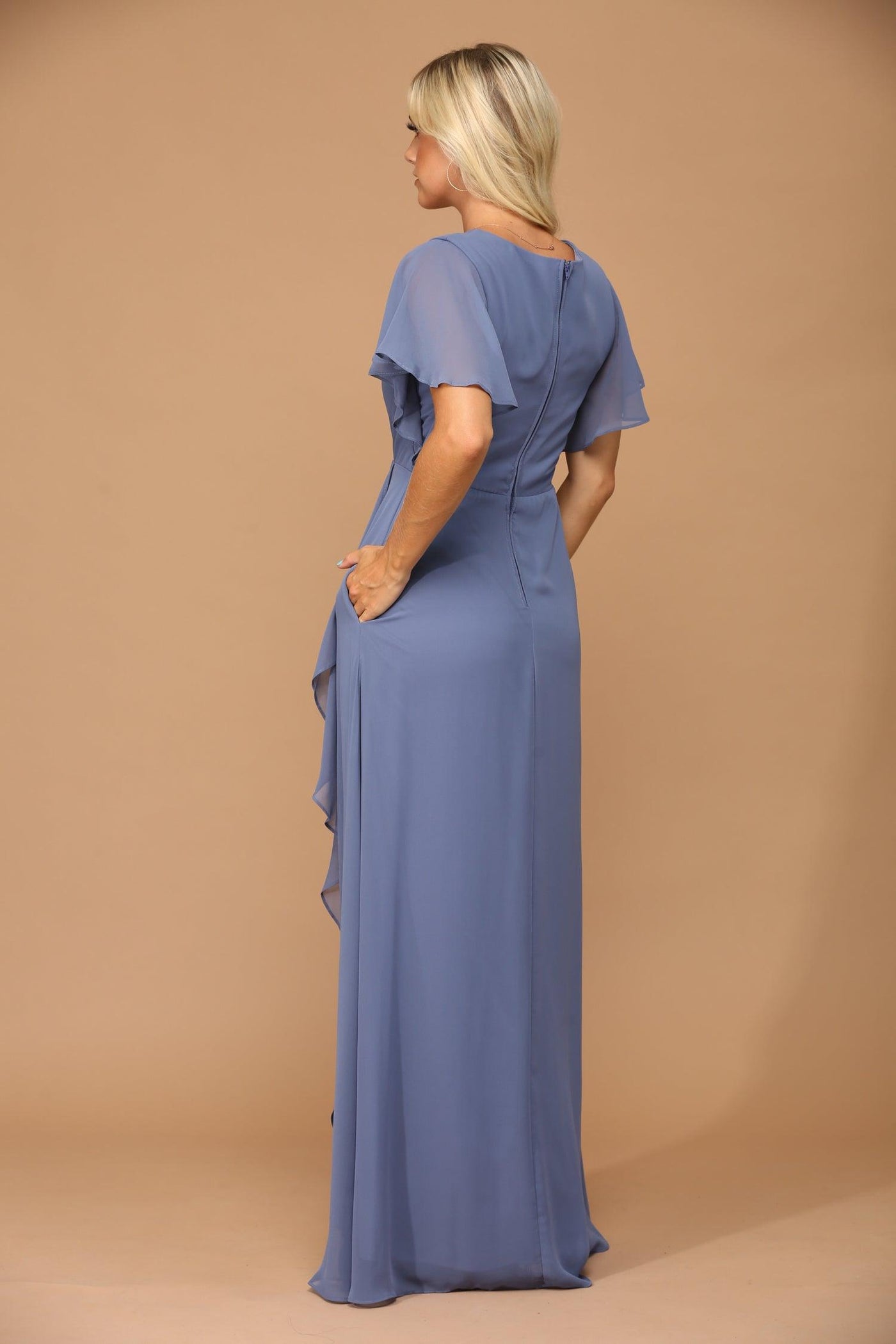 Long Formal Ruffle Sleeve Chiffon Evening Dress