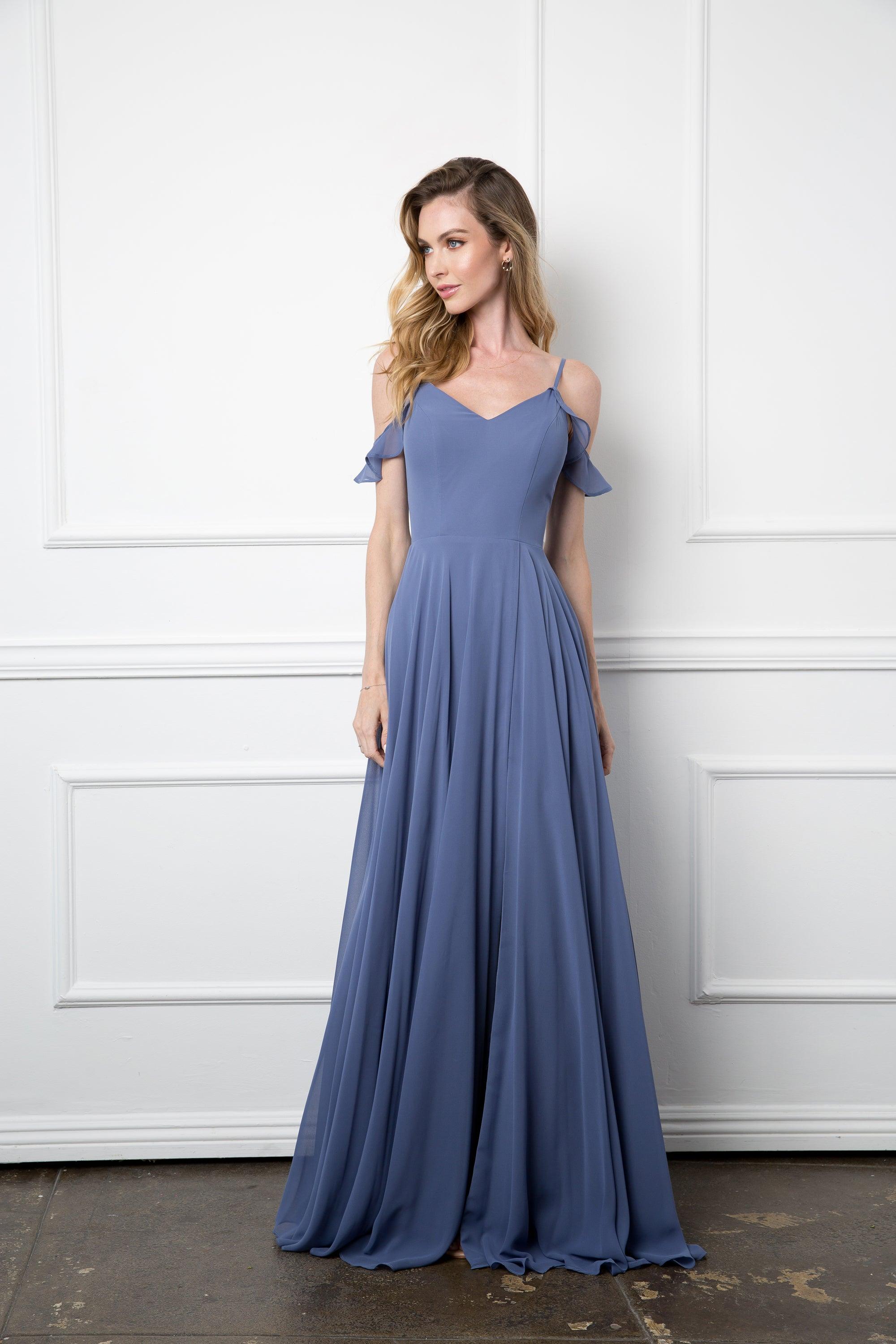 Long Off Shoulder Formal Chiffon Bridesmaids Dress - Slate Blue / XL Long Off Shoulder Formal Chiffon Bridesmaids Dress - Slate Blue / XL