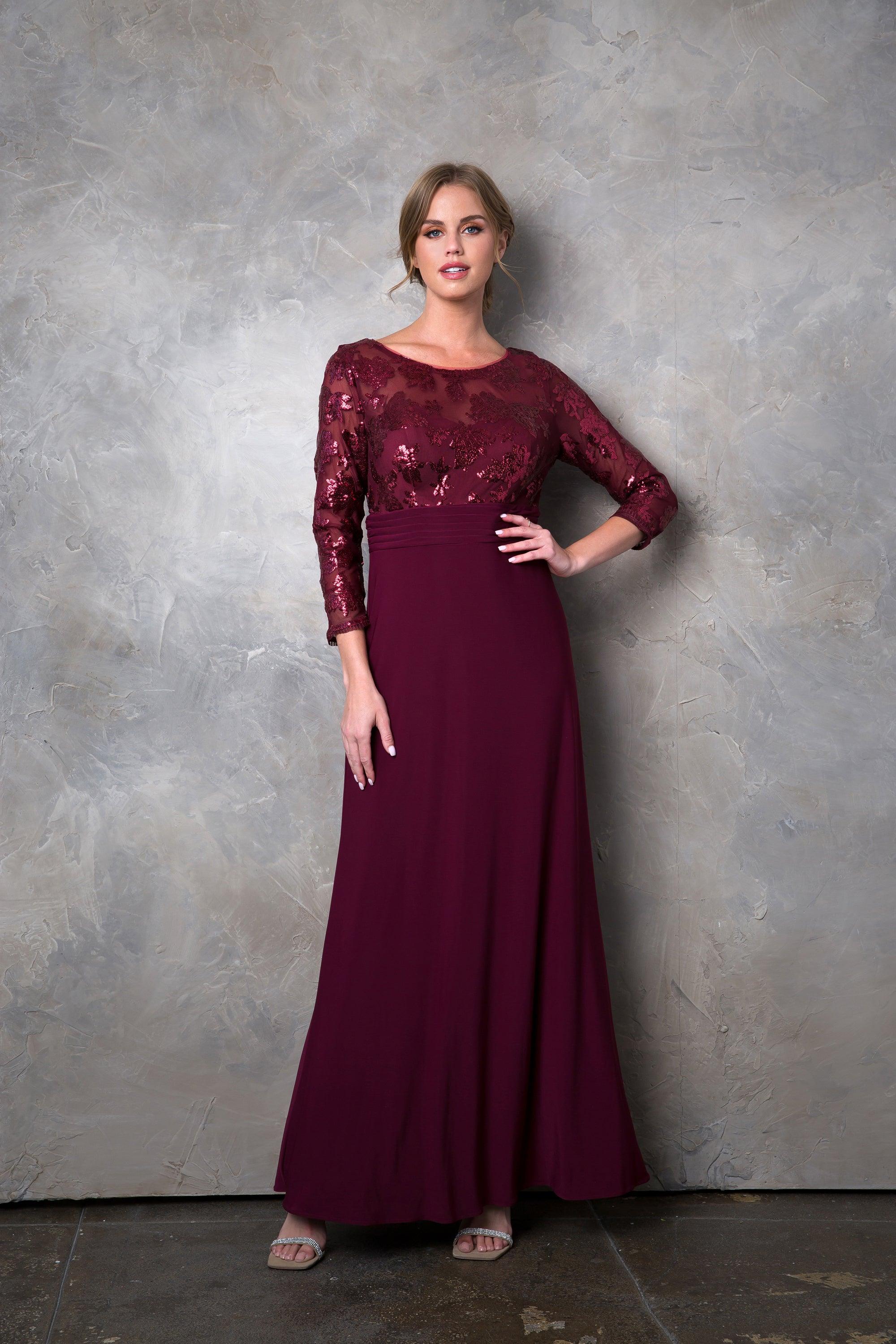 Burgundy Mother of the Bride Long Formal Evening Lace Dress