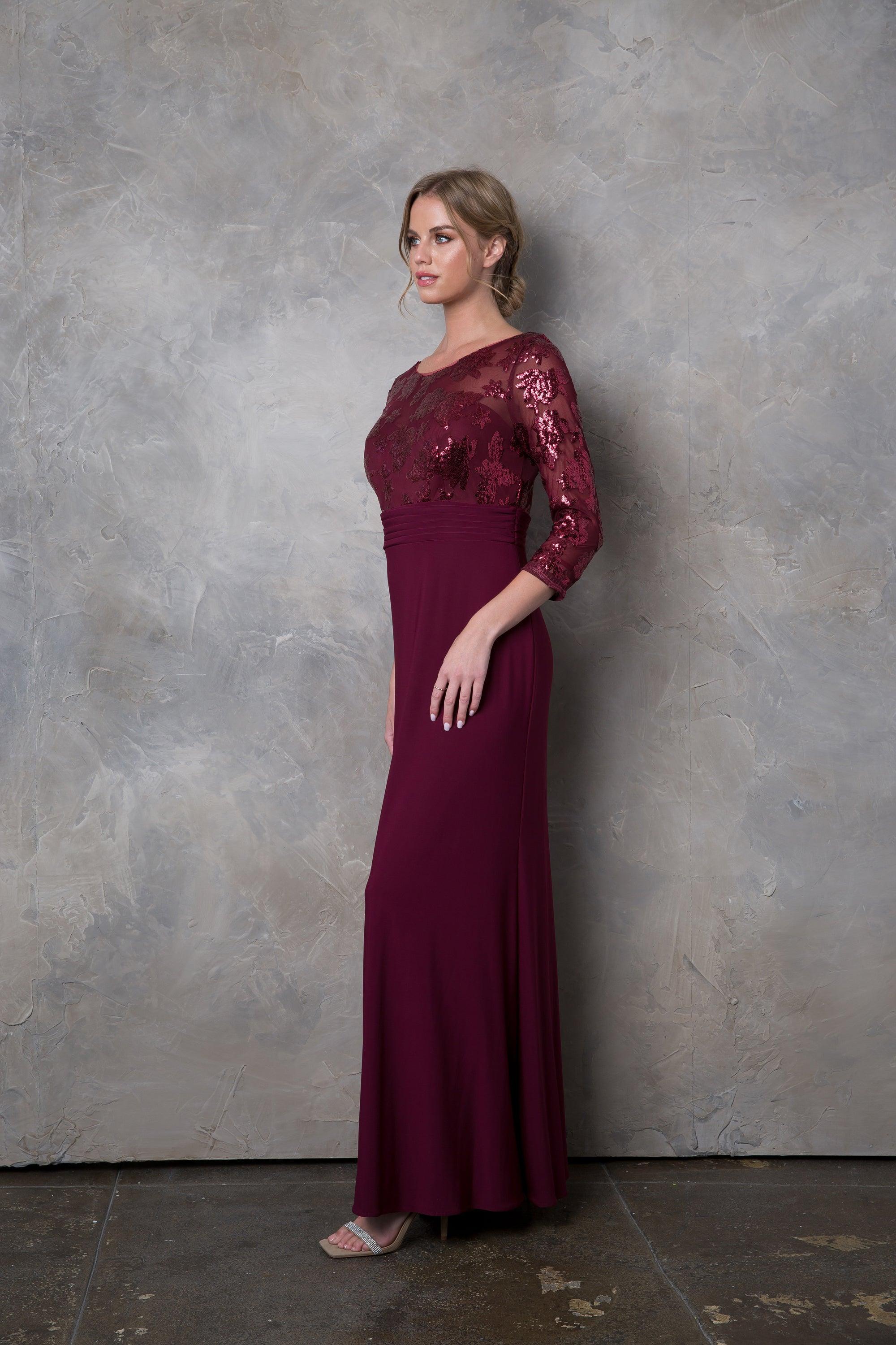 Burgundy Mother of the Bride Long Formal Evening Lace Dress - Mother of
