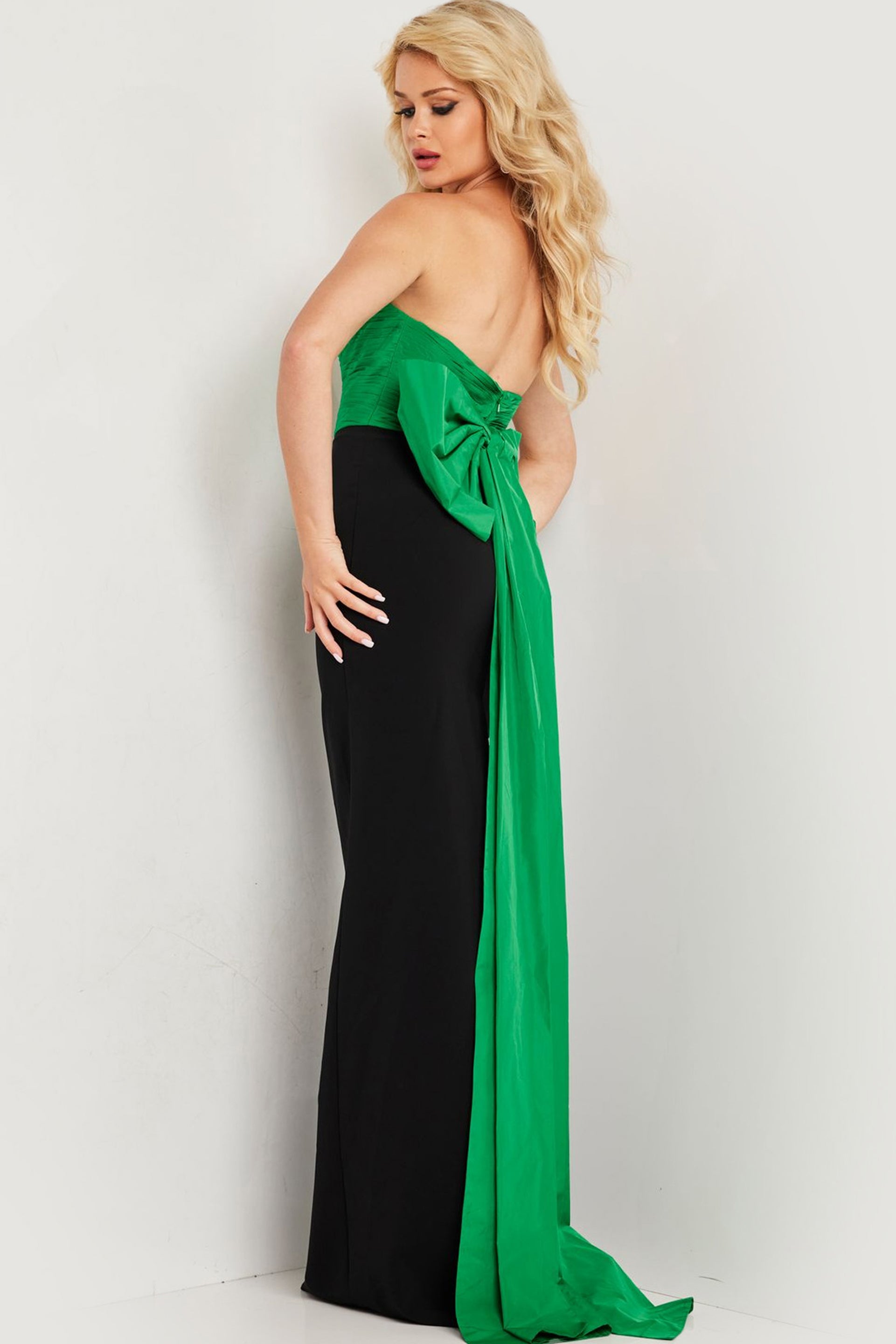 knee length dresses for ladies Jovani 36670 Back Bow Fitted Long Formal Prom Dress