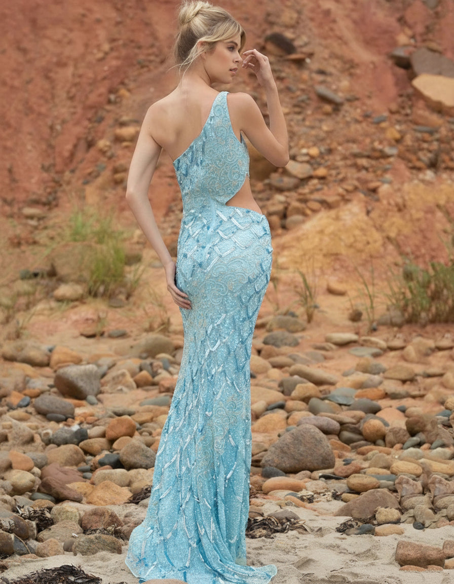 Prom Dresses Long Sequin Beaded Fishscale Pattern Prom Formal Dress Light Turquoise