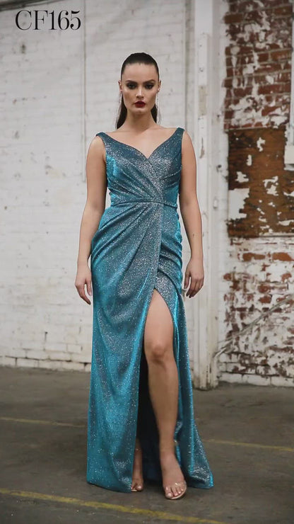 Cinderella Divine CF165 Long Prom Sleeveless Metallic Formal Pleated Dress