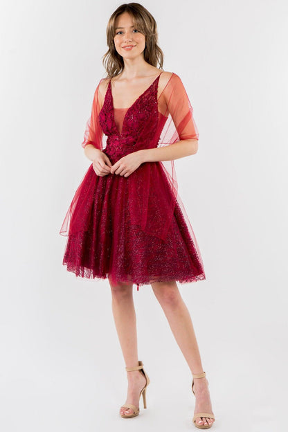 3D Floral Applique Short Homecoming Dress - The Dress Outlet