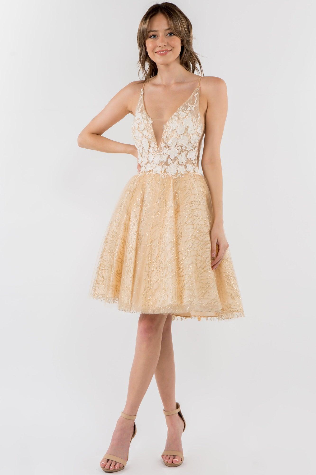3D Floral Applique Short Homecoming Dress - The Dress Outlet