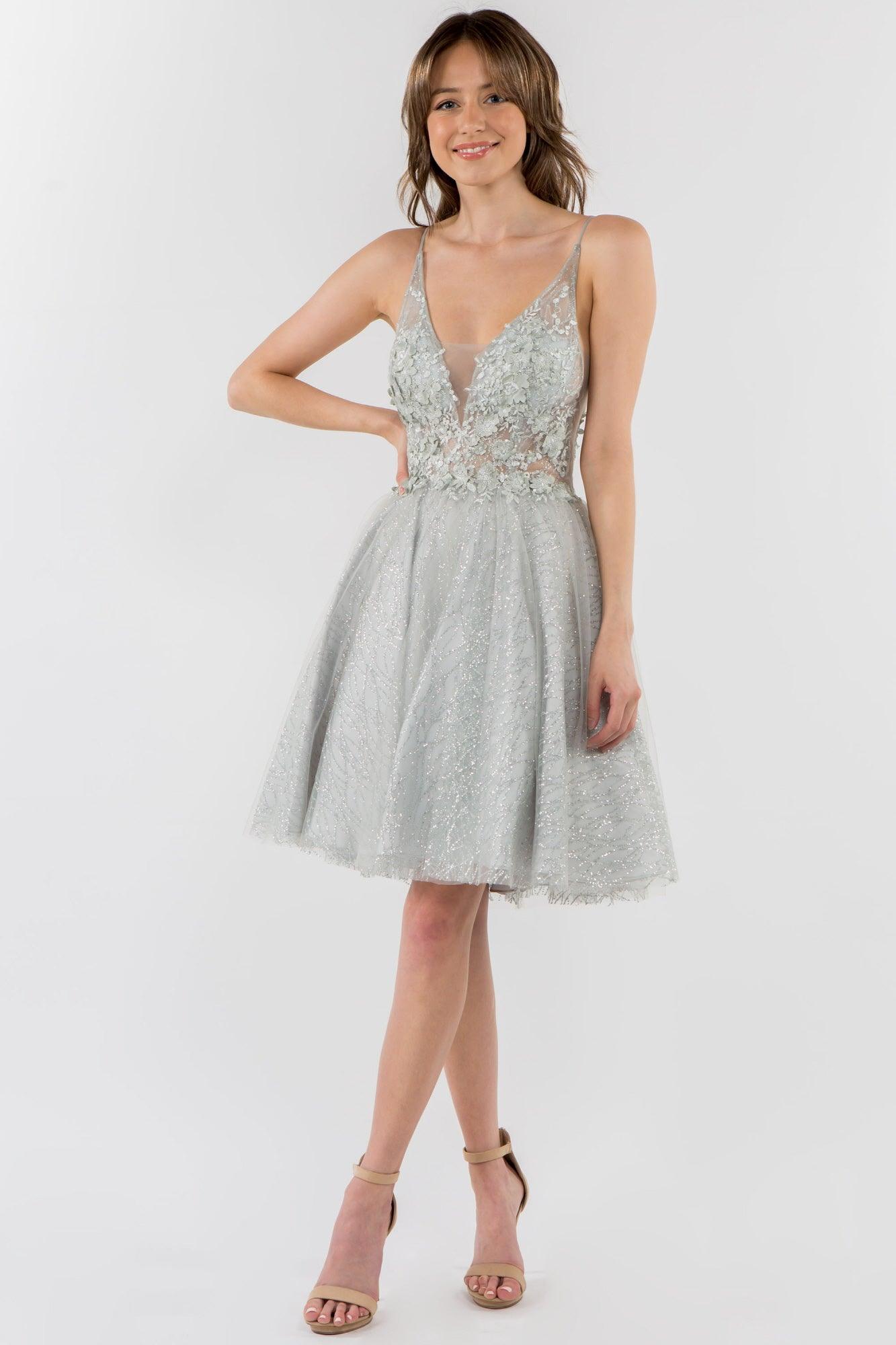 3D Floral Applique Short Homecoming Dress | The Dress Outlet 3D Floral Applique Short Homecoming Dress | The Dress Outlet