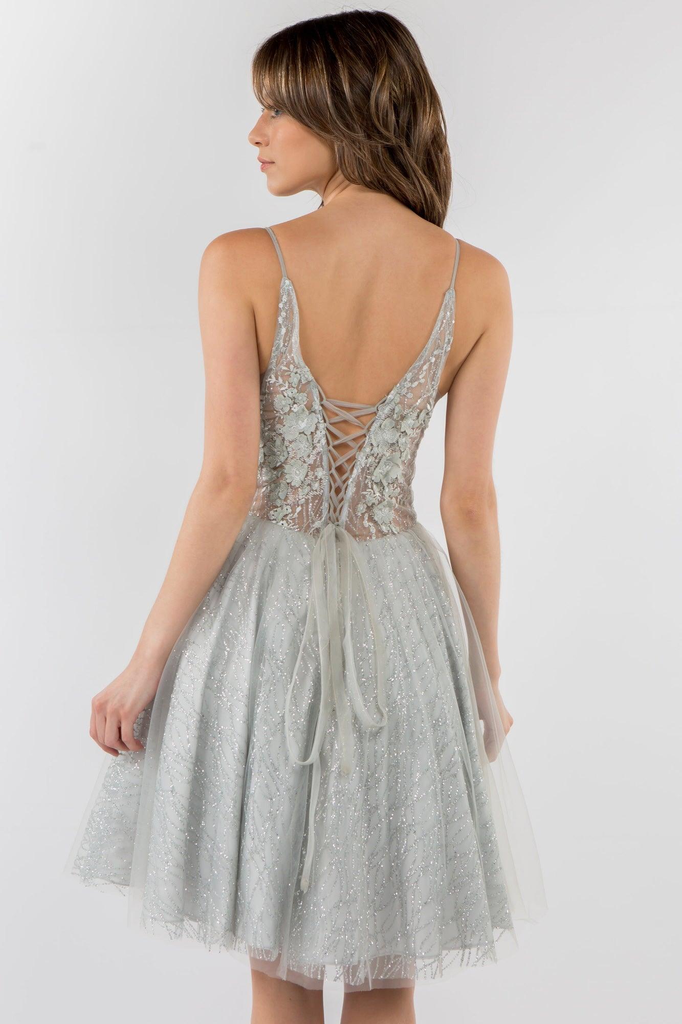 3D Floral Applique Short Homecoming Dress - The Dress Outlet