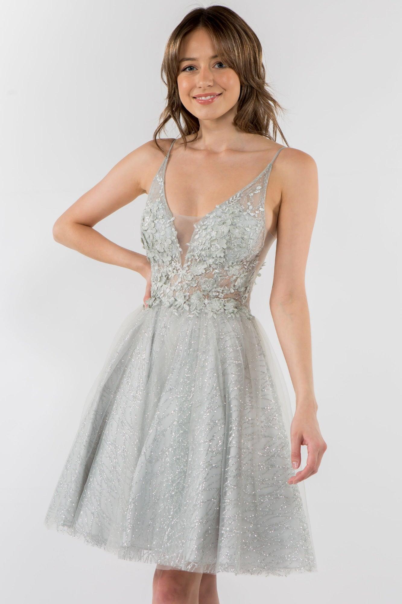 3D Floral Applique Short Homecoming Dress - The Dress Outlet