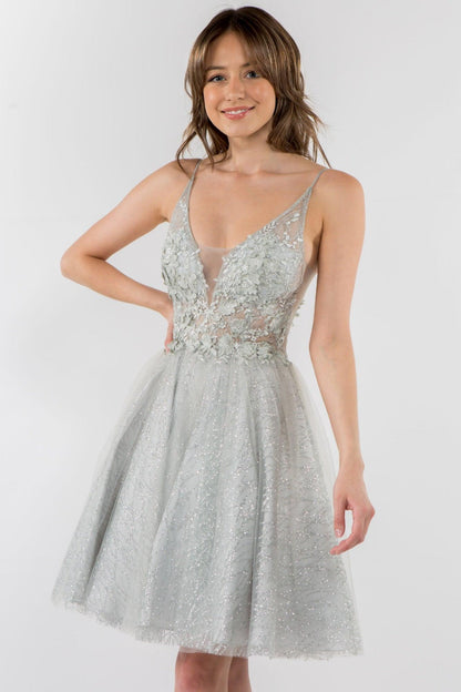 3D Floral Applique Short Homecoming Dress - The Dress Outlet