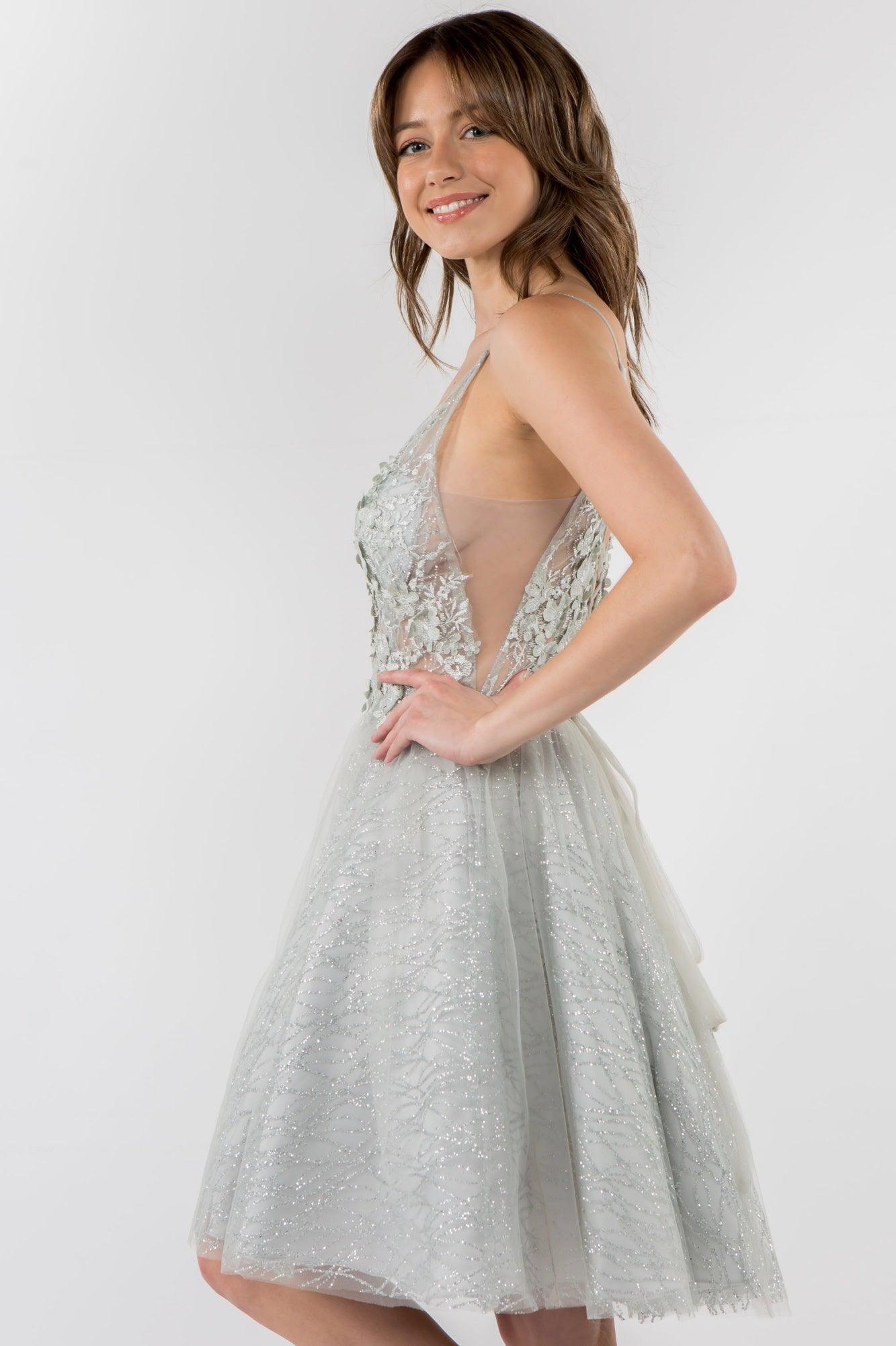 3D Floral Applique Short Homecoming Dress - The Dress Outlet