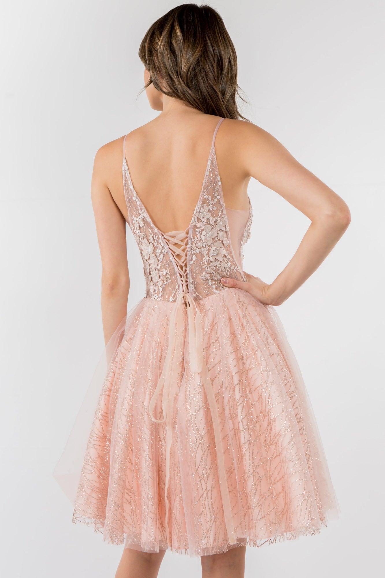 3D Floral Applique Short Homecoming Dress - The Dress Outlet