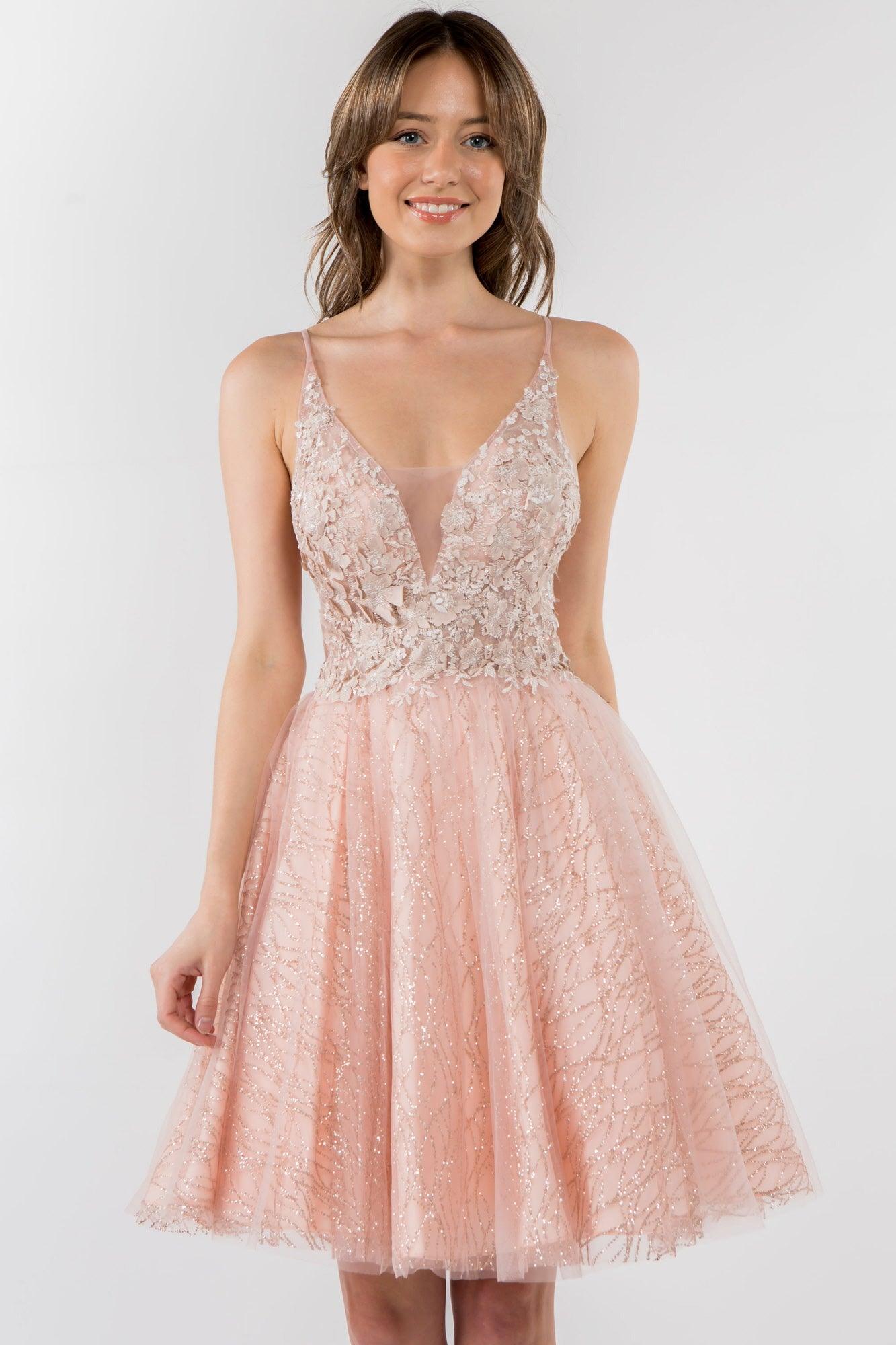 3D Floral Applique Short Homecoming Dress - The Dress Outlet
