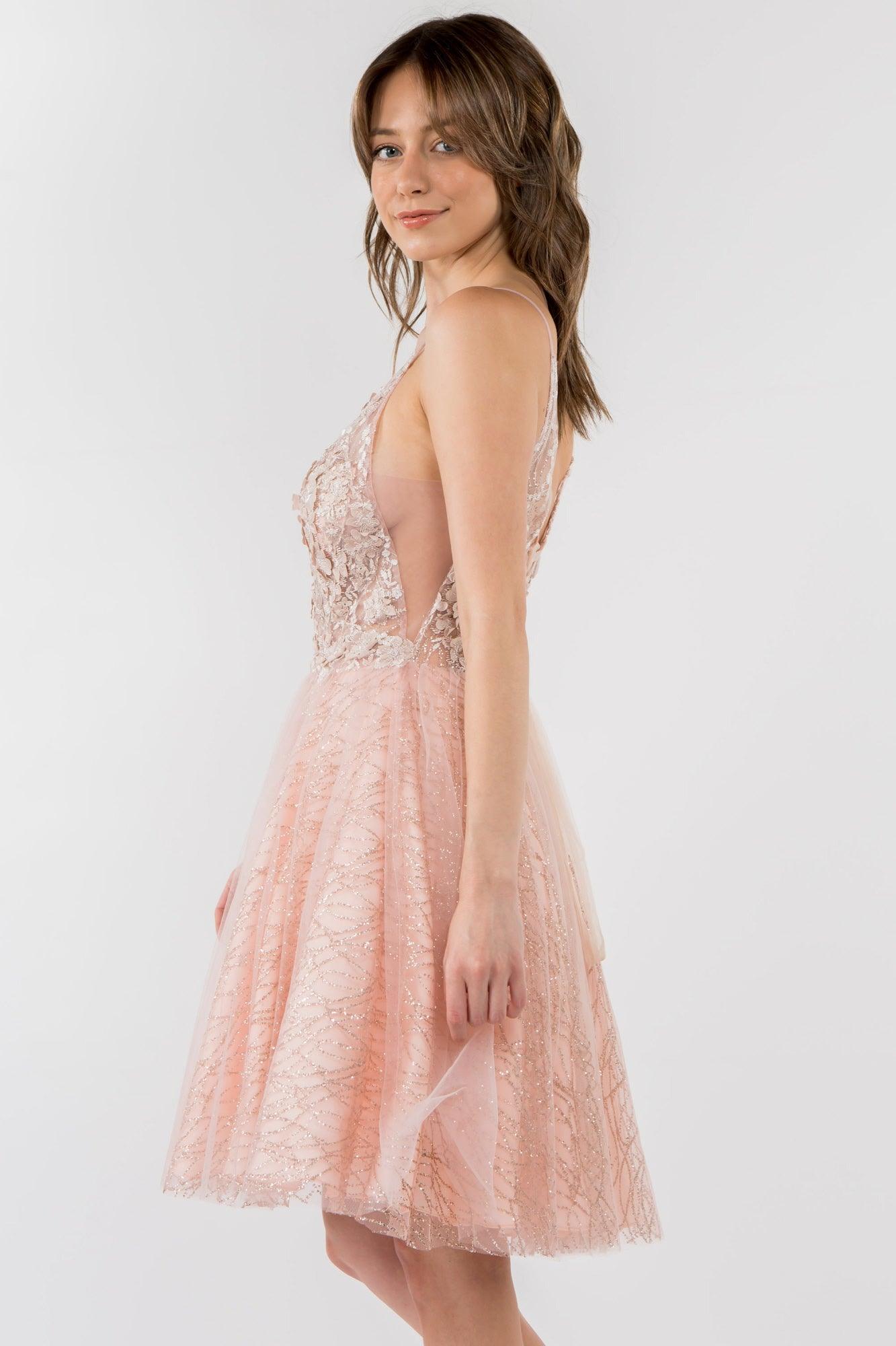 3D Floral Applique Short Homecoming Dress - The Dress Outlet