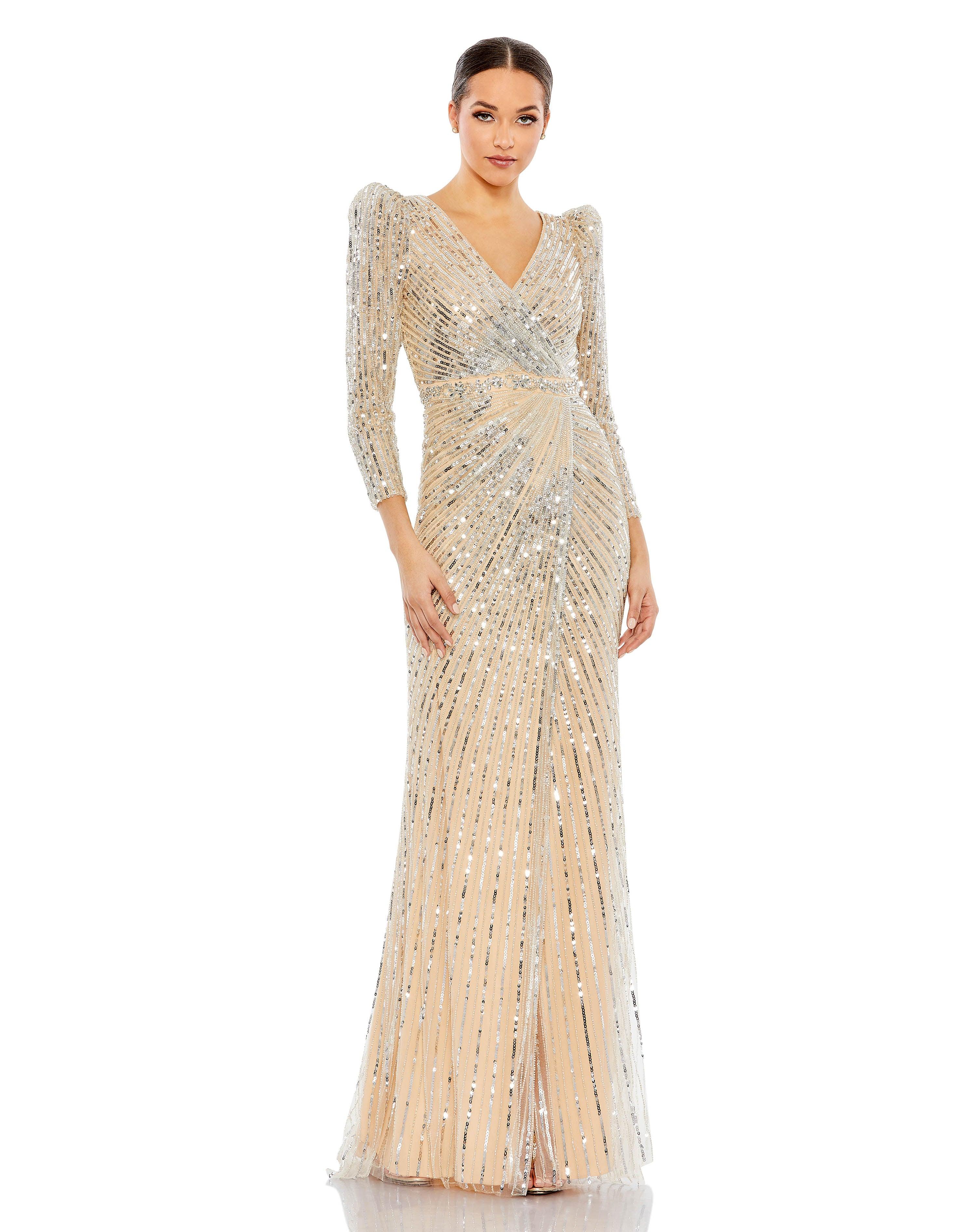 Formal Dresses Long Sleeve Formal Dress Nude Silver
