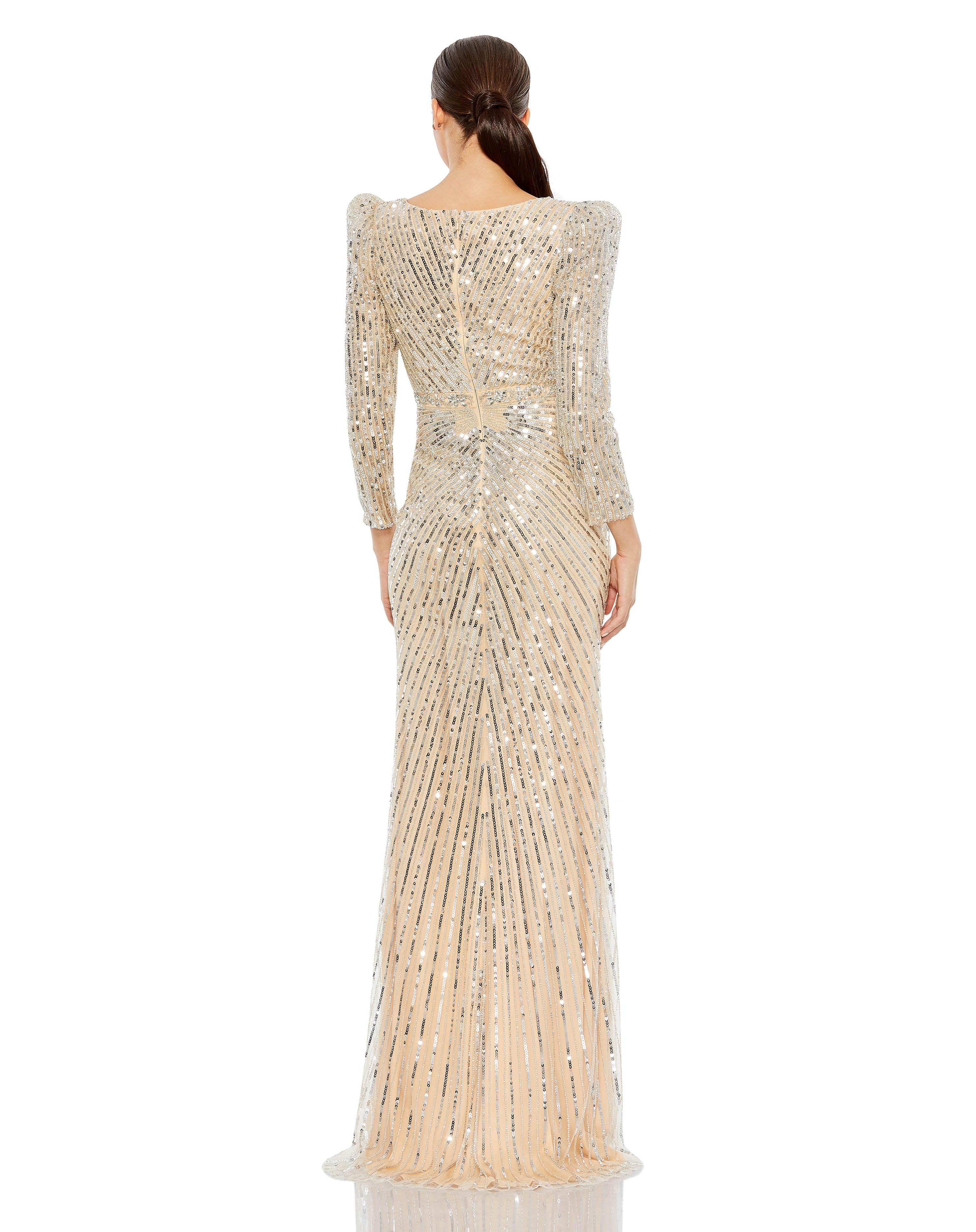 Formal Dresses Long Sleeve Formal Dress Nude Silver