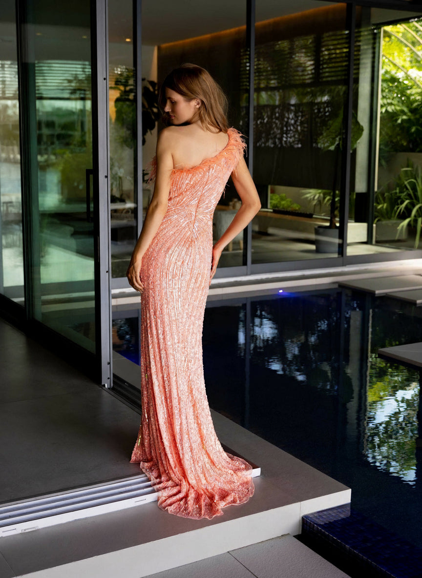 Prom Dresses Long Sequin Prom Feather Formal Dress Coral