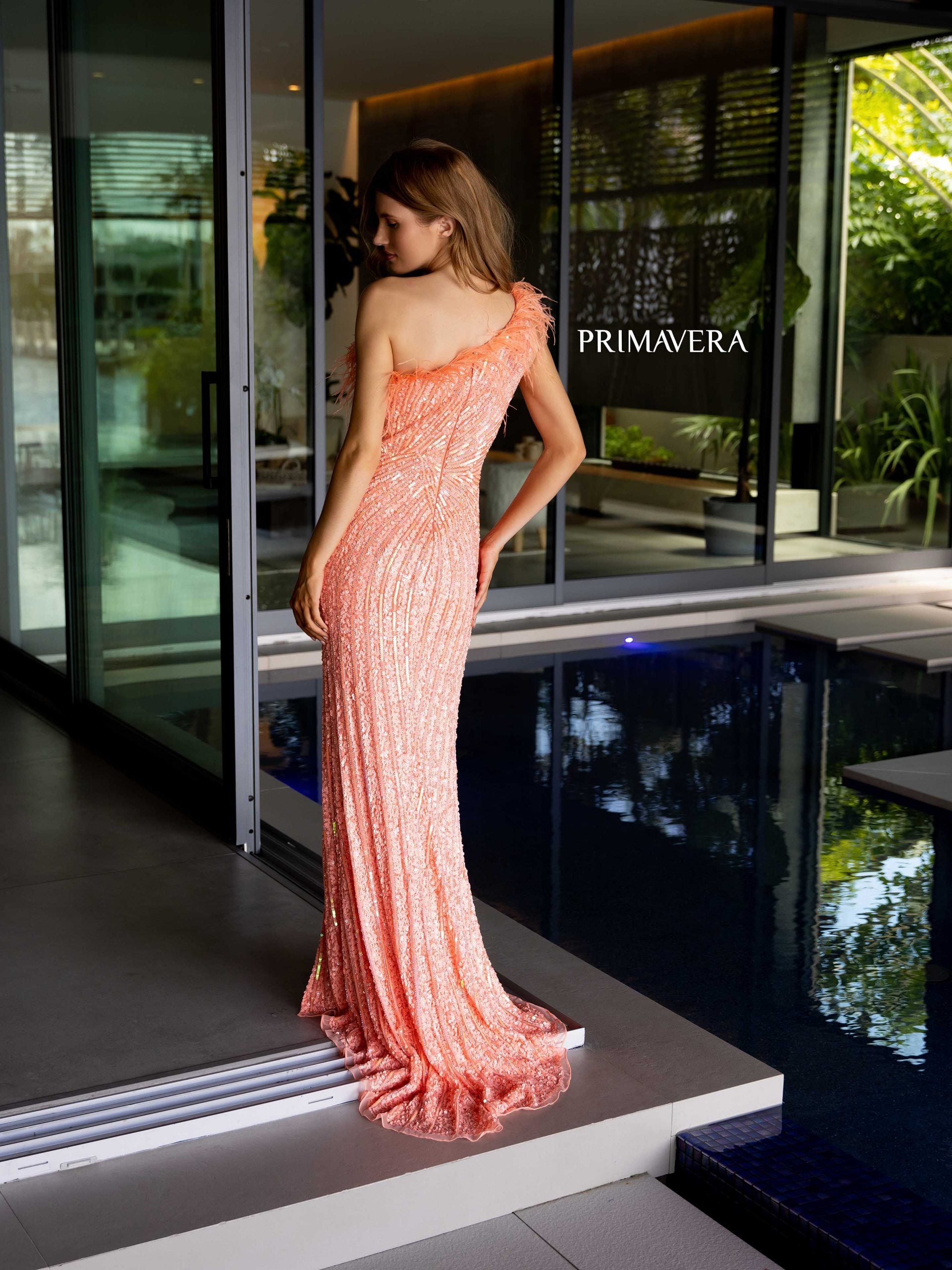 Primavera Couture 4112 Long Sequin Prom Feather Formal Dress