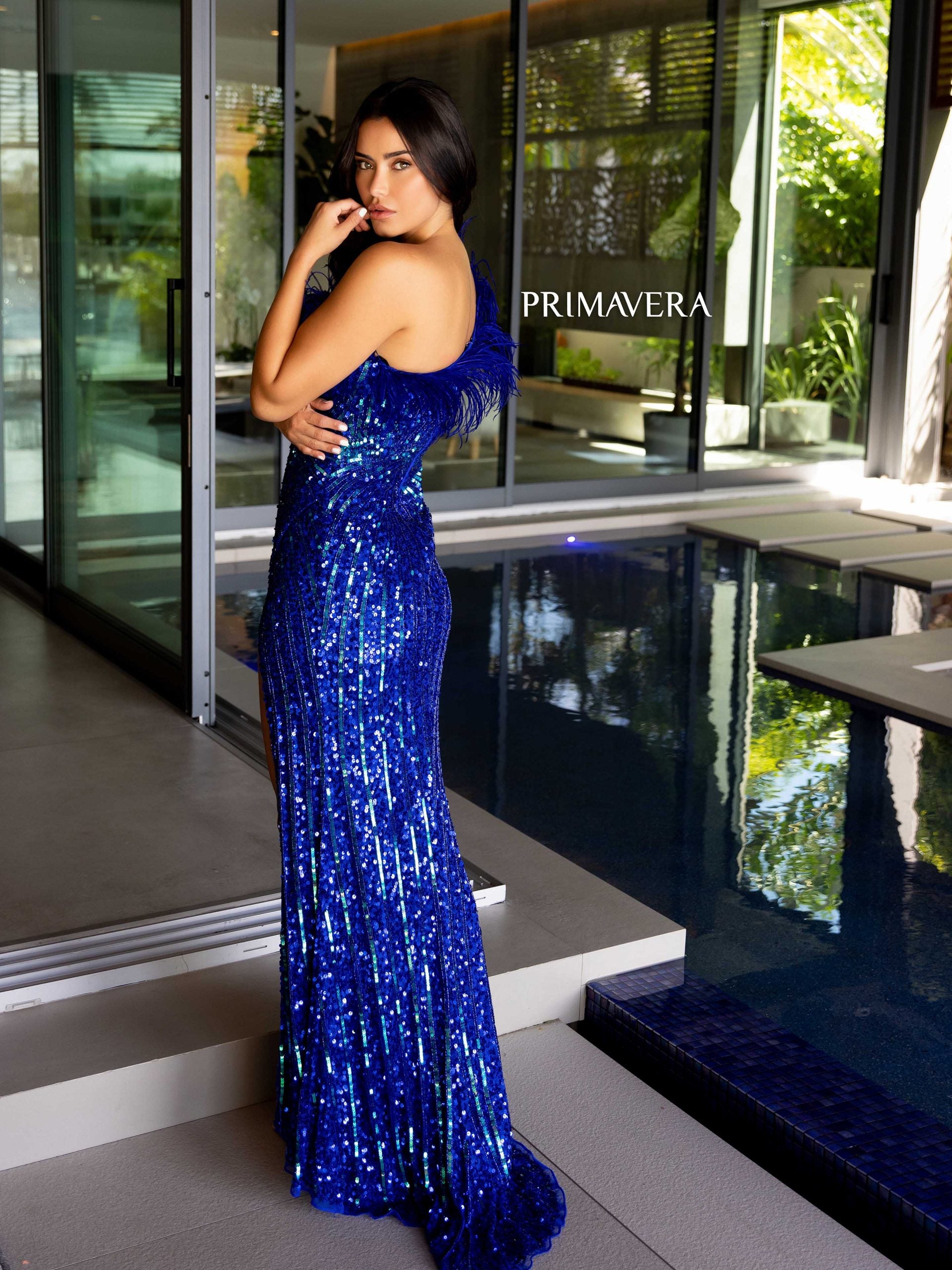 Primavera Couture 4112 Long Sequin Prom Feather Formal Dress