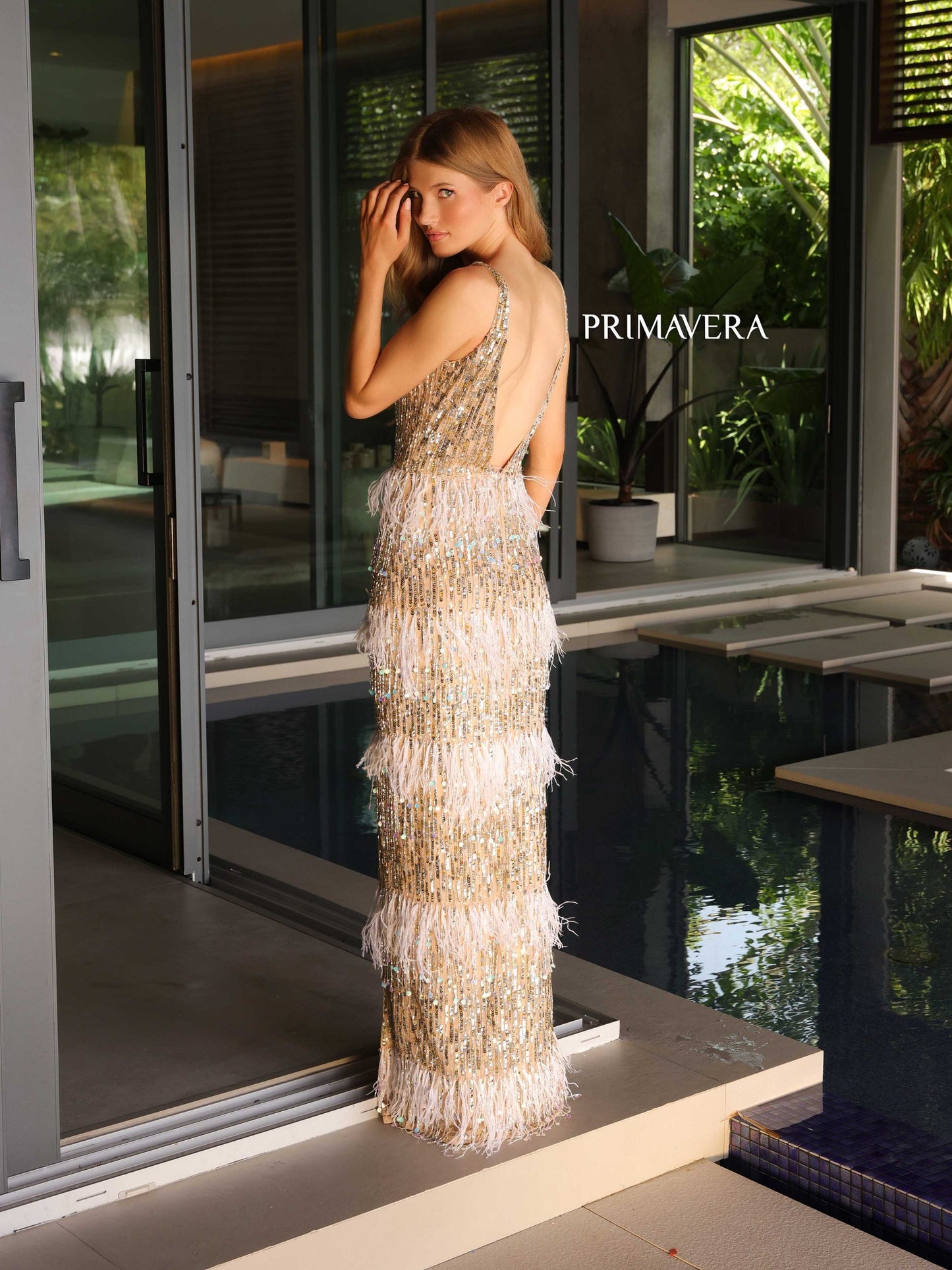 Prom Dresses Prom Sequin Feathers Formal Long Dress Nude Gold