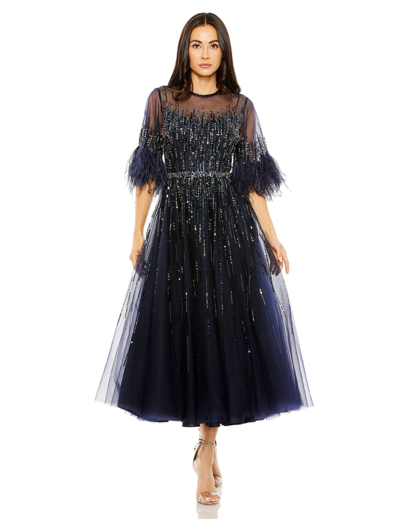 Beaded Cocktail Feather Tea Length Dress Beaded Feather Tea Length Mac Duggal 42097