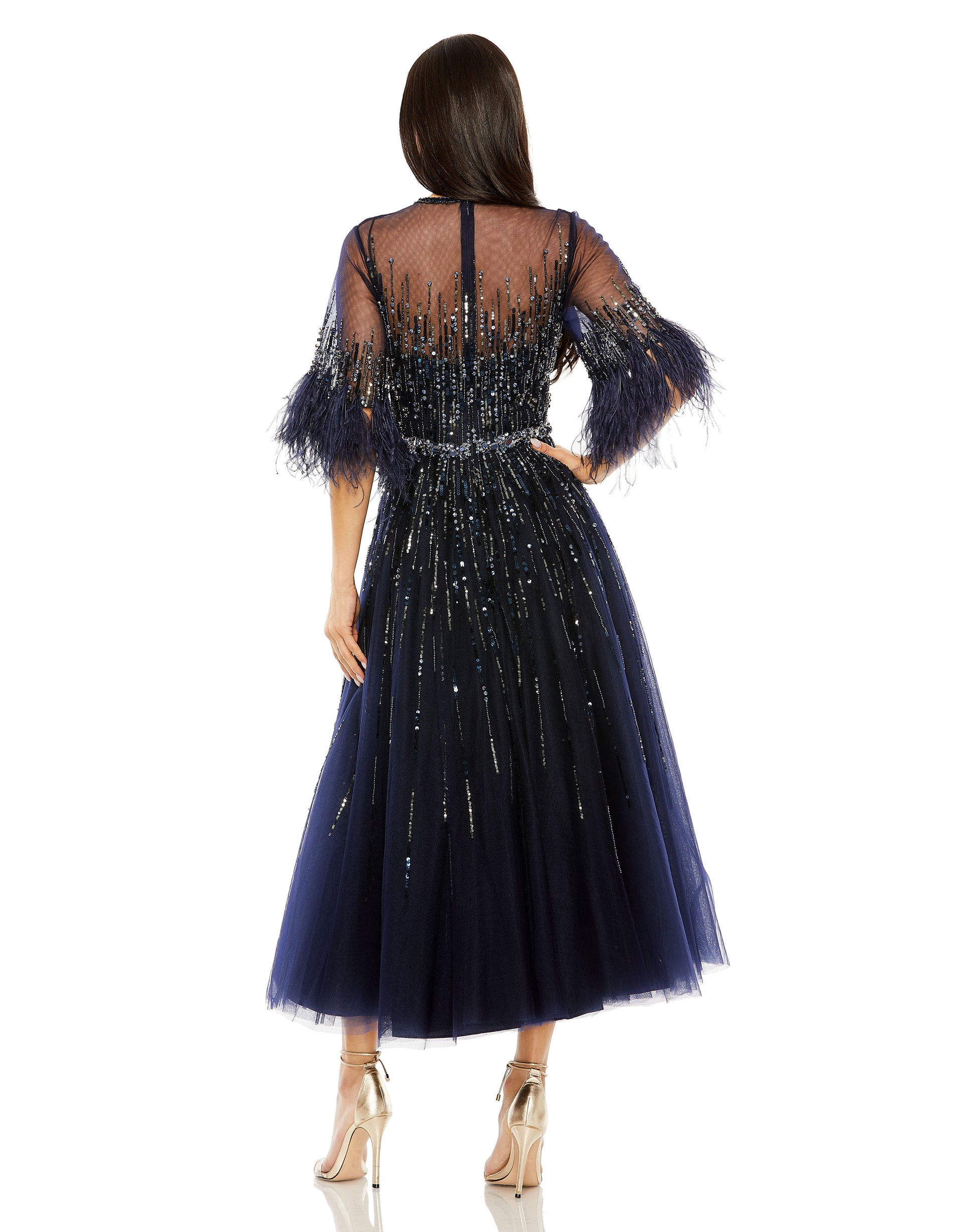 Mac Duggal 42097 Beaded Cocktail Feather Tea Length Dress