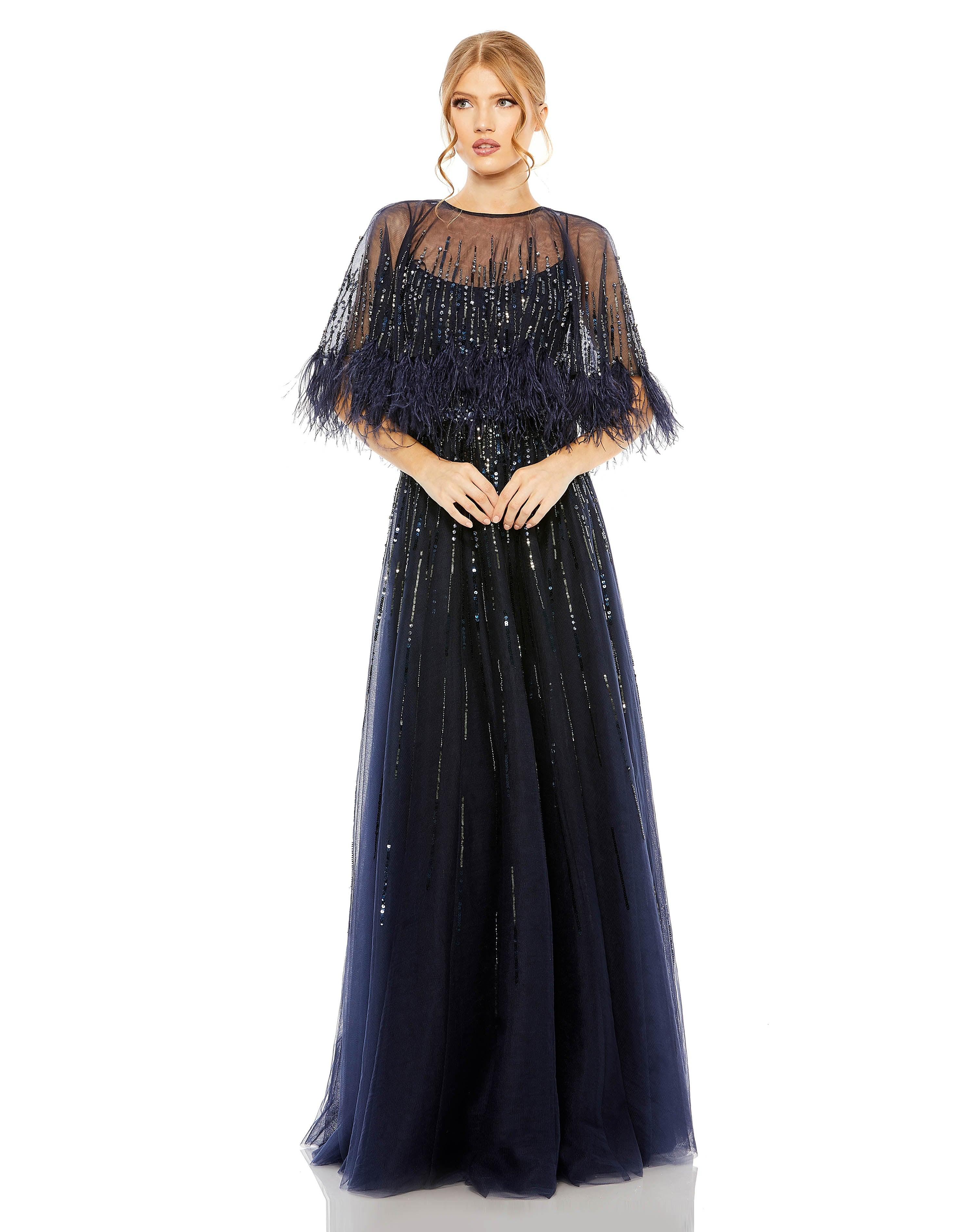 Mac Duggal Embellished A Line Wedding Guest Dress with Feather Detail Cape Mocha, Size 6 Mac Duggal Embellished A Line Wedding Guest Dress with Feather Detail Cape Mocha, Size 6