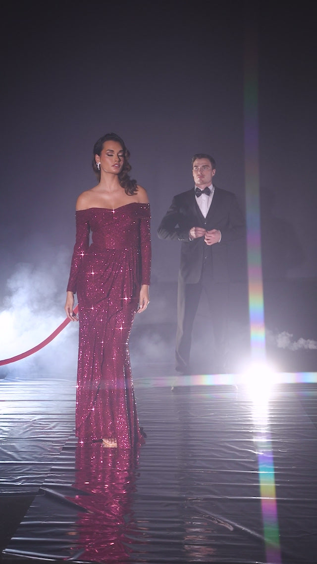 Cinderella Divine CH139 Long Off the Shoulder Fitted Velvet Gown