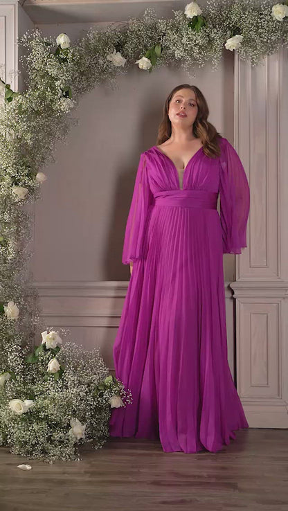 Cinderella Divine CD242 Long Sleeve Pleated Formal Prom Dress
