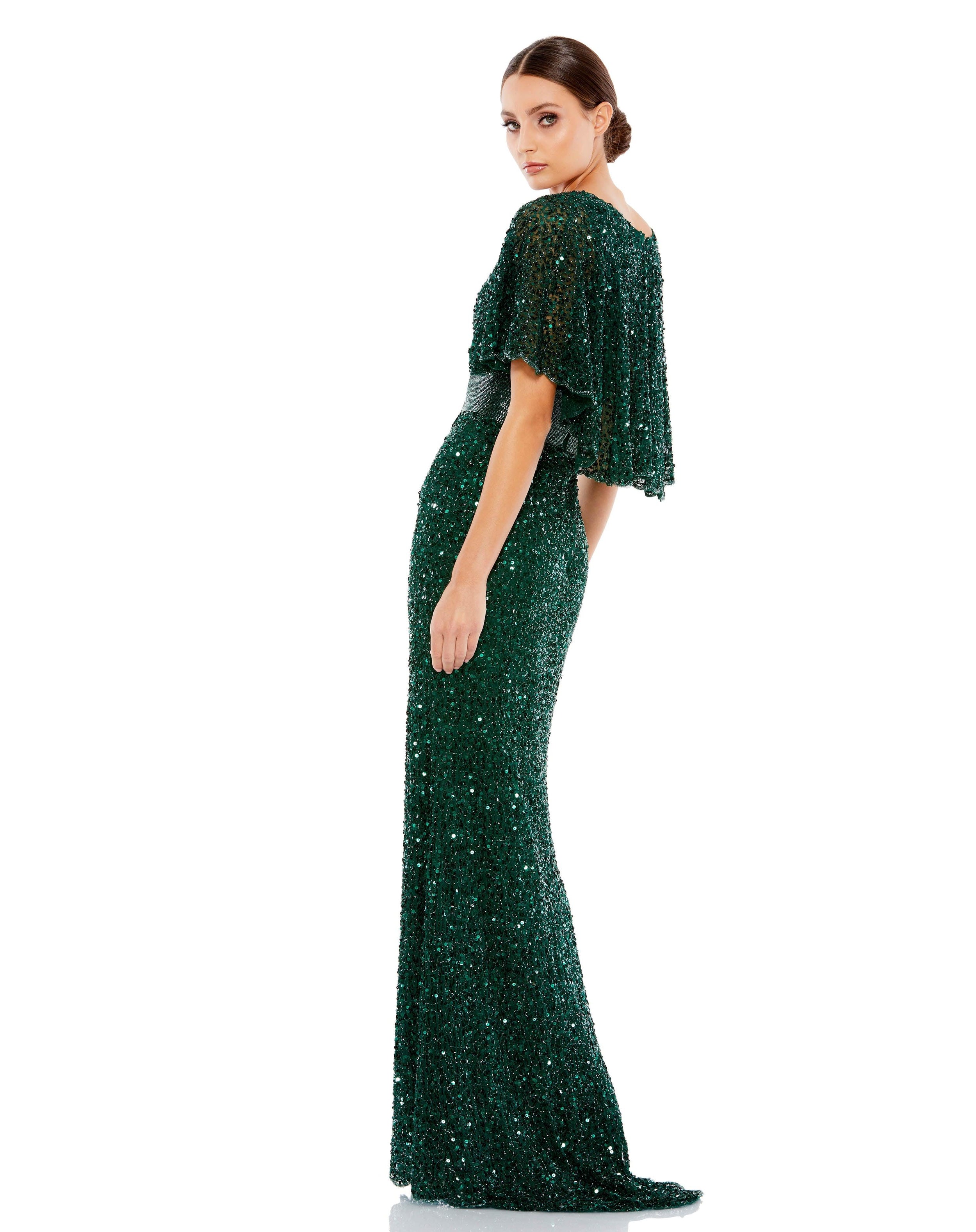 Mac Duggal 4808 Long Formal Cape Sleeve Sequined Dress