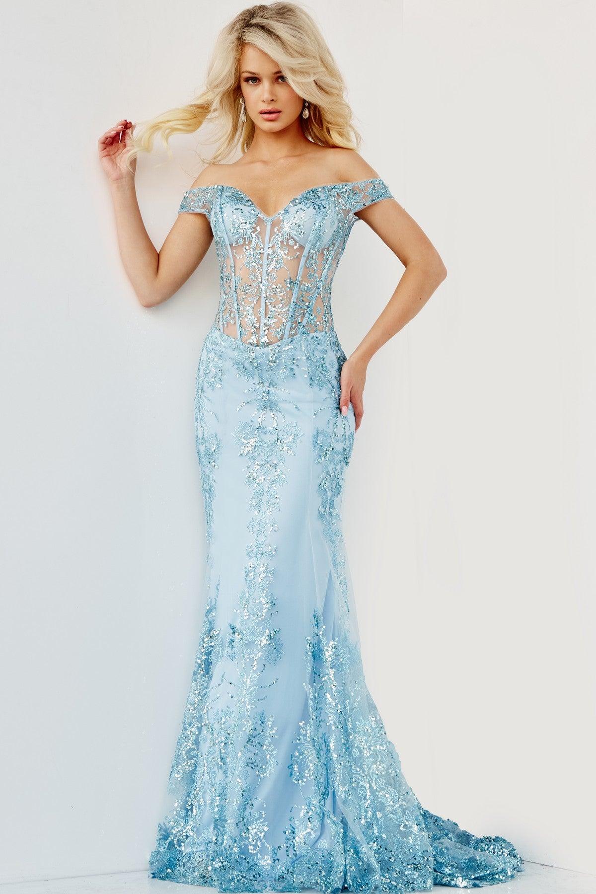 Light Blue Jovani 06369 Long Off Shoulder Mermaid Prom Gown for $379.99