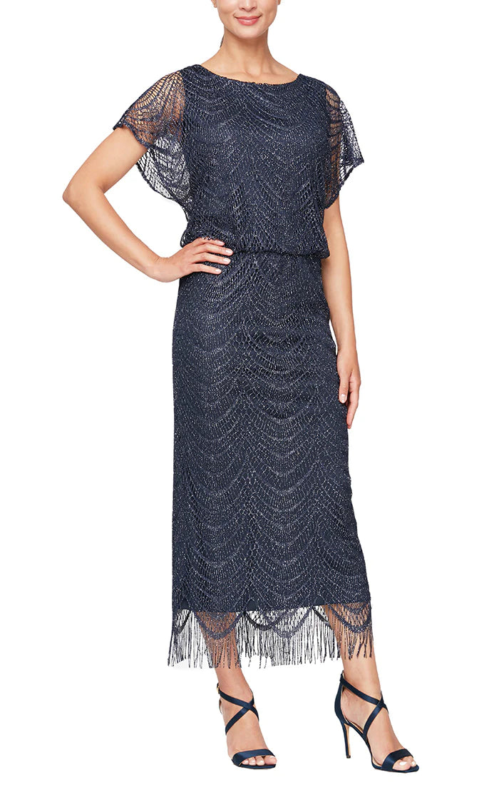 Mother of the Bride Dresses Metallic Crochet Blouson Dress Silver