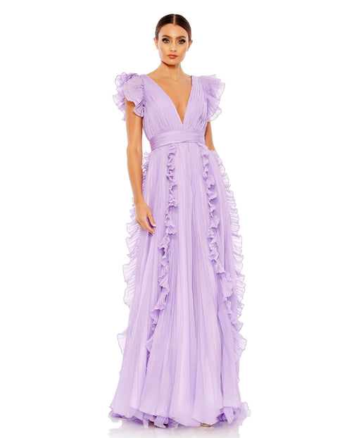 Marigold Mac Duggal 49539 Long Ruffle Cap Sleeve Formal Dress for $598.0 – The Dress Outlet