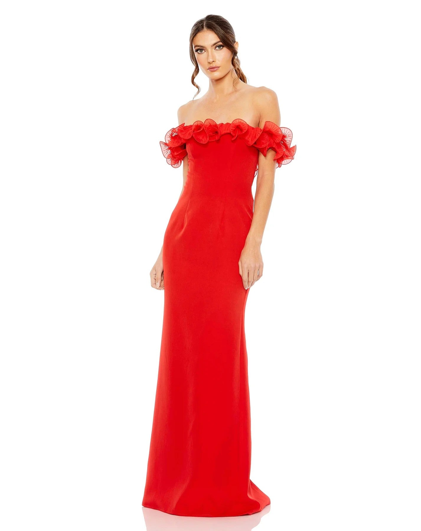 Red Mac Duggal 49643 Long Off Shoulder Ruffle Detail Column Dress for