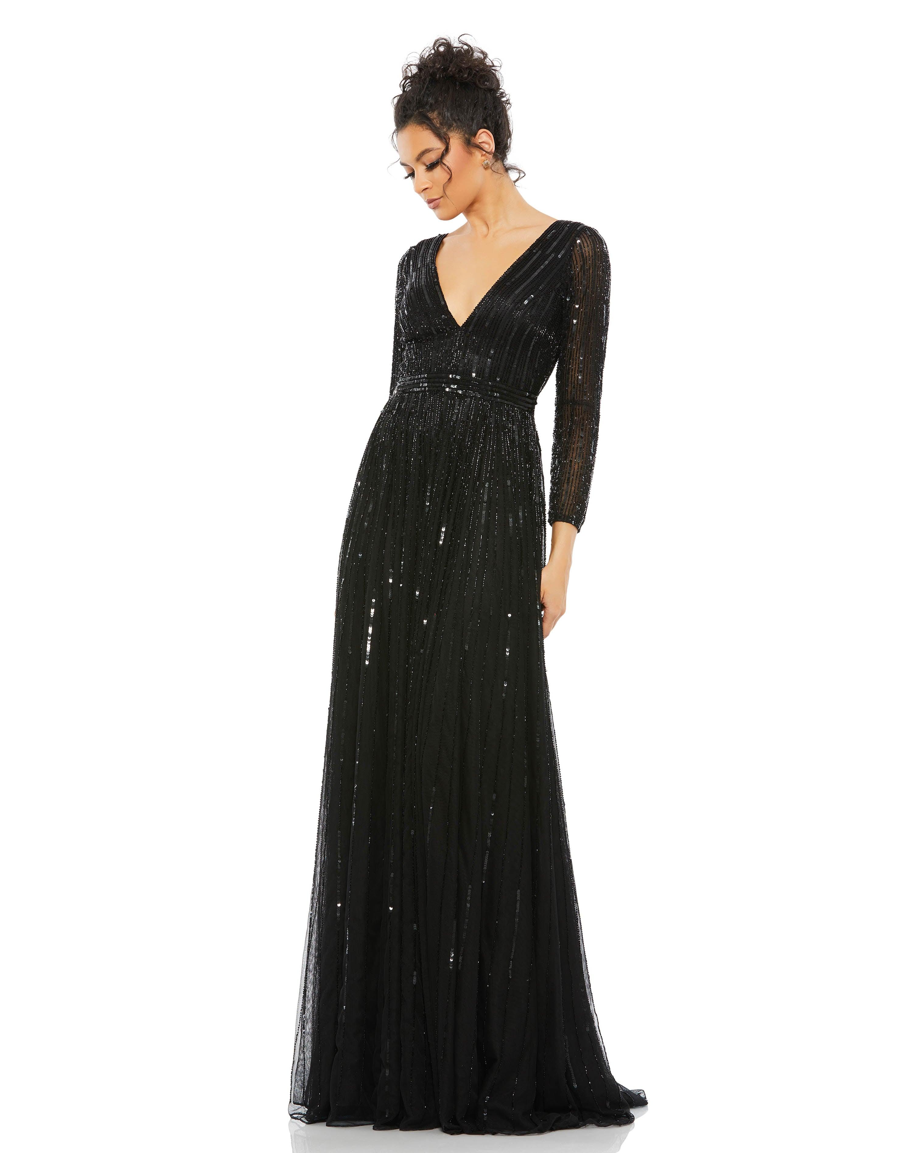 Women's MAC Duggal Long Sleeve Sequin & Bead Stripe Gown, Size 6