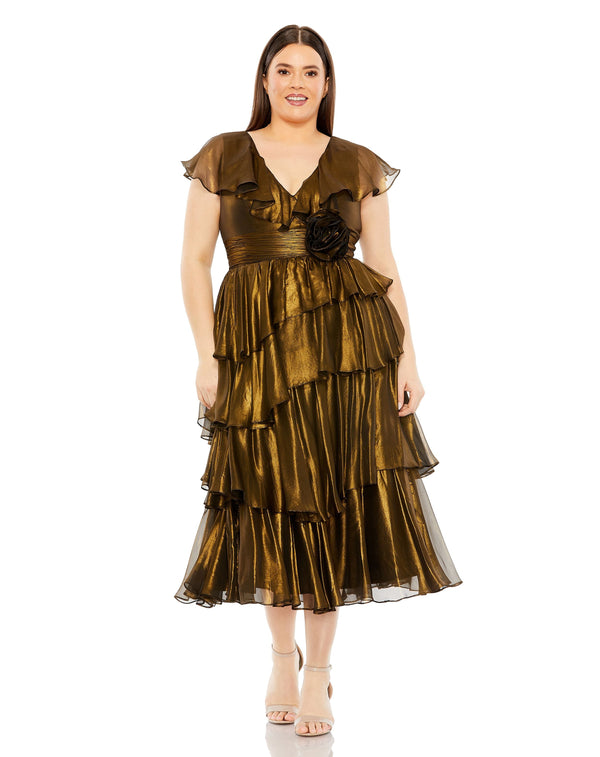 Plus Size V Neck Ruffle Tiered Rose Detail Midi Dress V Neck Ruffle Tiered Rose Detail Mac Duggal 49775W