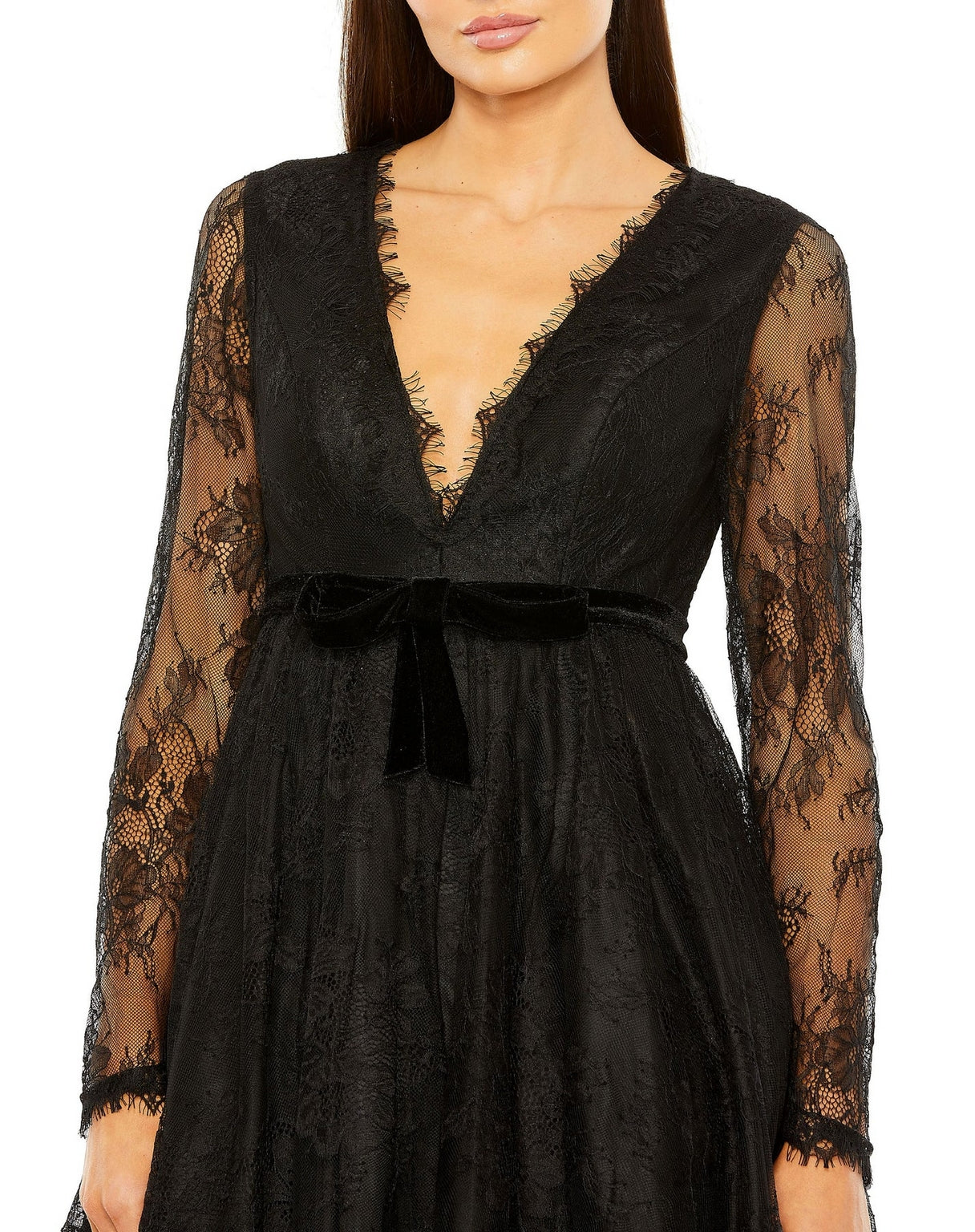 Black Mac Duggal 49794 Long Sleeve Deep V Lace Babydoll Short Dress