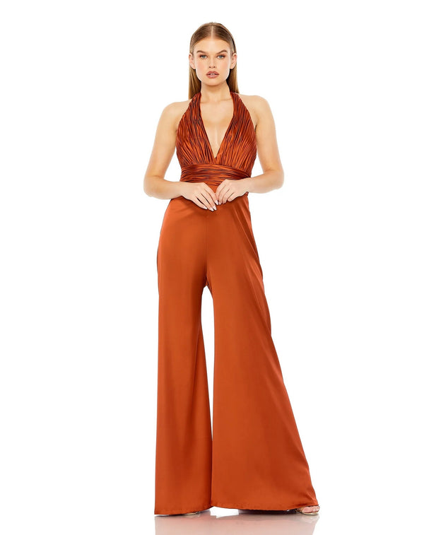 Ruched Halter Top Wide Leg Satin Jumpsuit Ruched Halter Top Wide Leg Satin Mac Duggal 49810