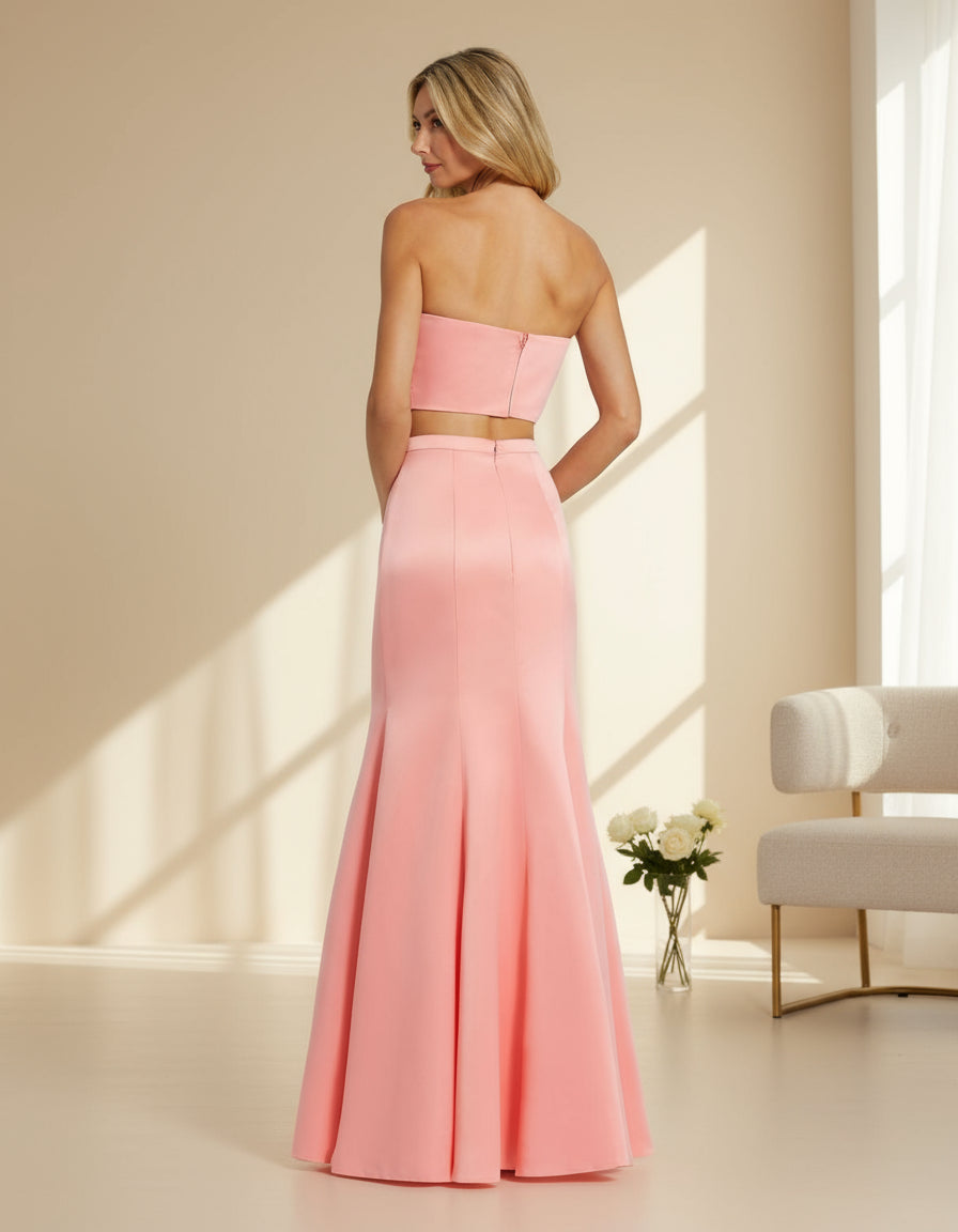 pink two piece mermaid prom dress Mac Duggal - Pink Strapless Bow Top and Mermaid Skirt 2 Piece Set