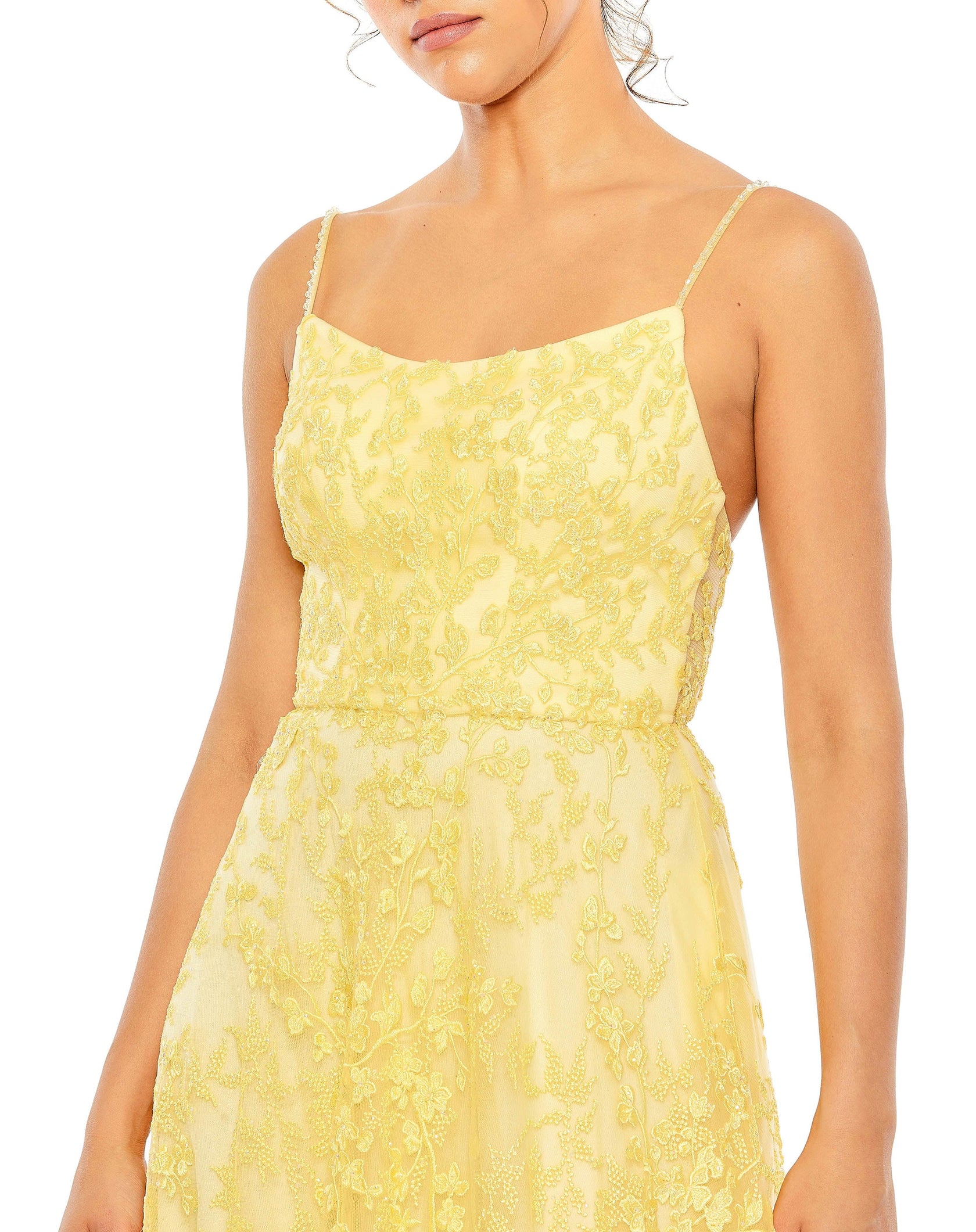 Yellow Mac Duggal 50683 Prom Spaghetti Strap Long Formal Gown for $199. ...