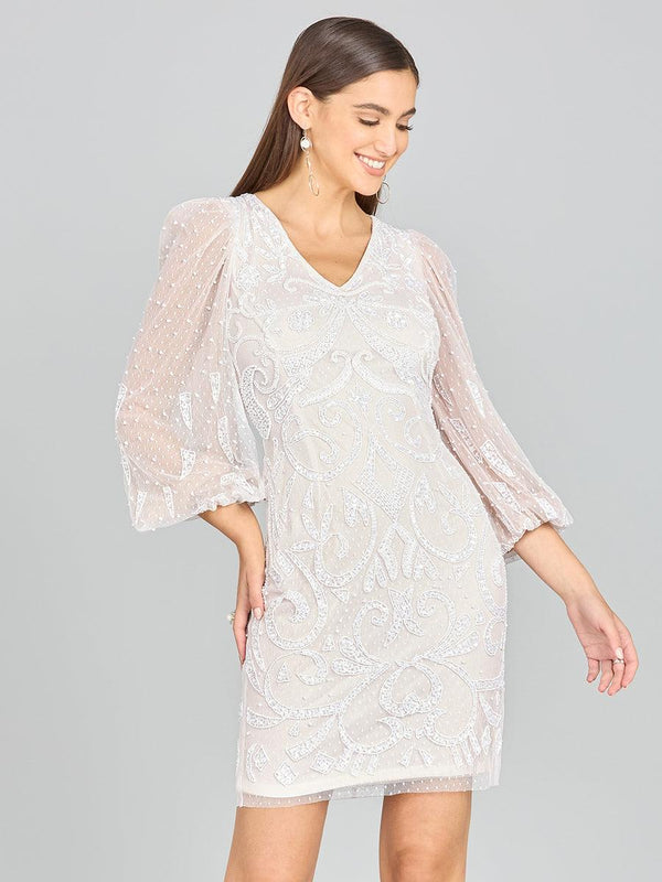 Lara Dresses 51130 V-Neck Ballon Sleeve Mini Bridal Dress