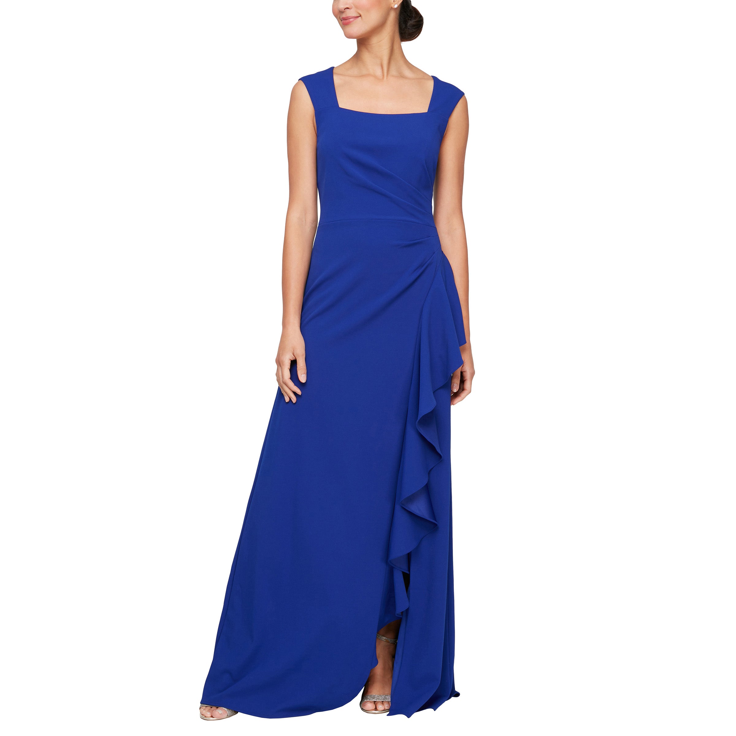 Alex Evenings Long Square Neck Dress with Cascade Ruffle Detail ROYAL / 12 Alex Evenings Long Square Neck Dress with Cascade Ruffle Detail ROYAL / 12
