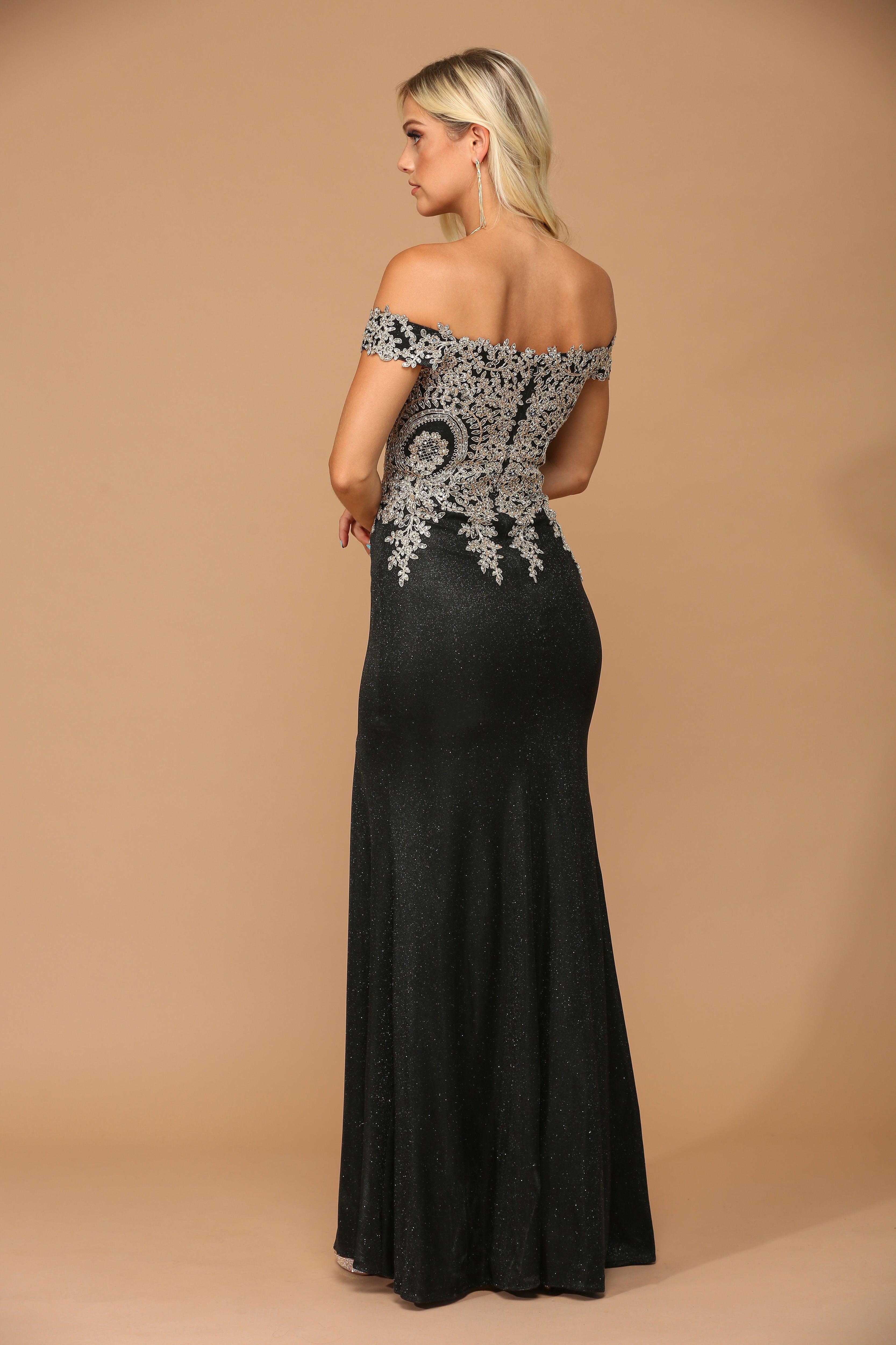 Black Long Off Shoulder Formal Metallic Prom Dress