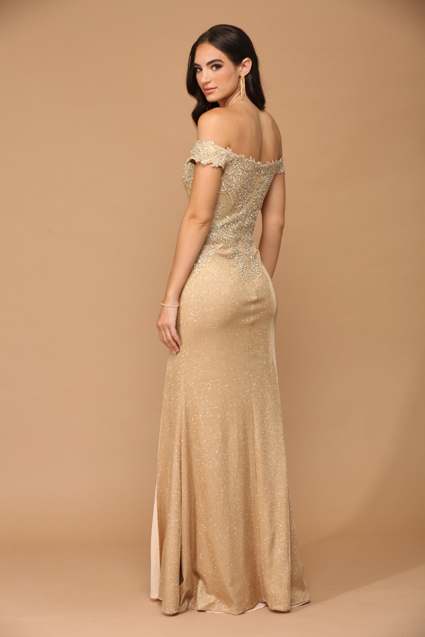 Long Off Shoulder Formal Metallic Prom Dress
