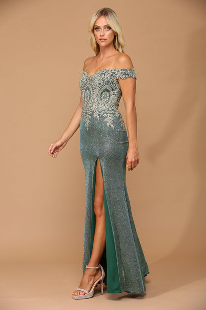 Long Off Shoulder Formal Metallic Prom Dress