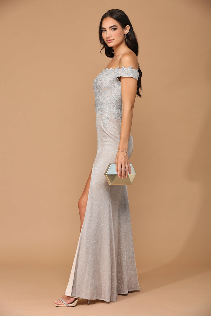 Long Off Shoulder Formal Metallic Prom Dress